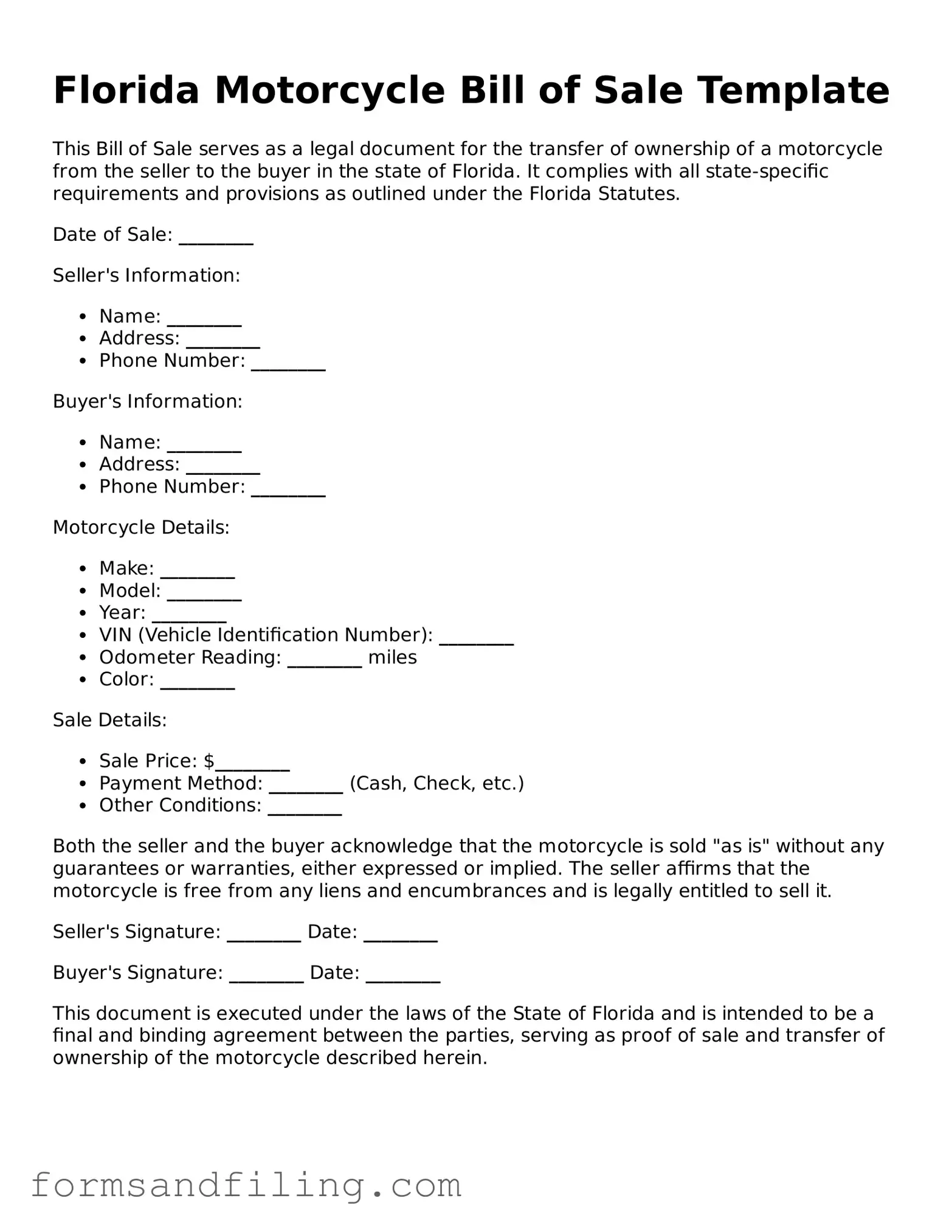 Free Florida Motorcycle Bill of Sale Template