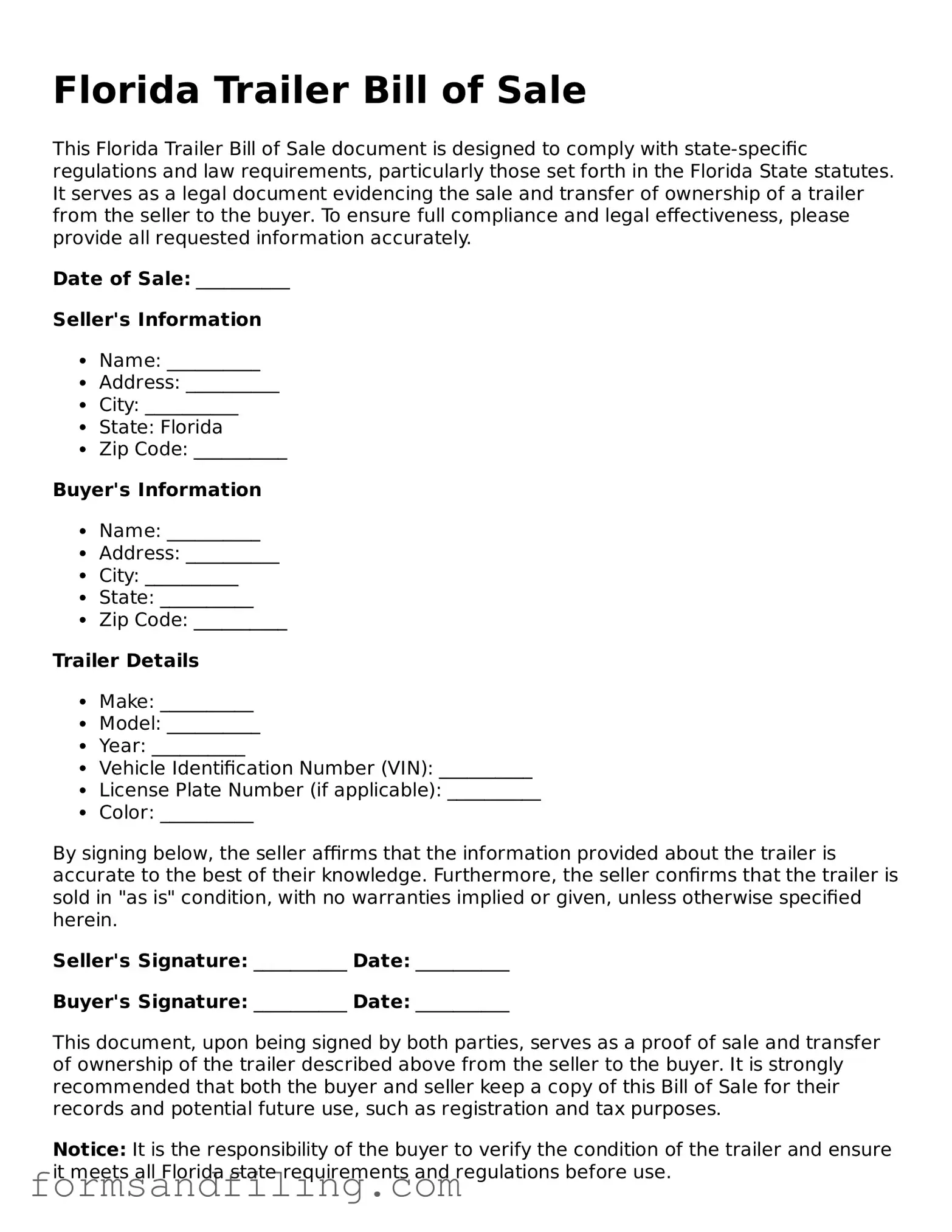 Free Florida Trailer Bill of Sale Template