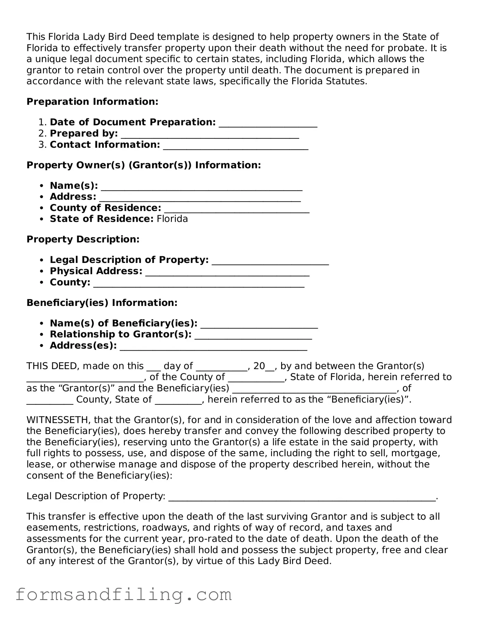 Free Florida Lady Bird Deed Template