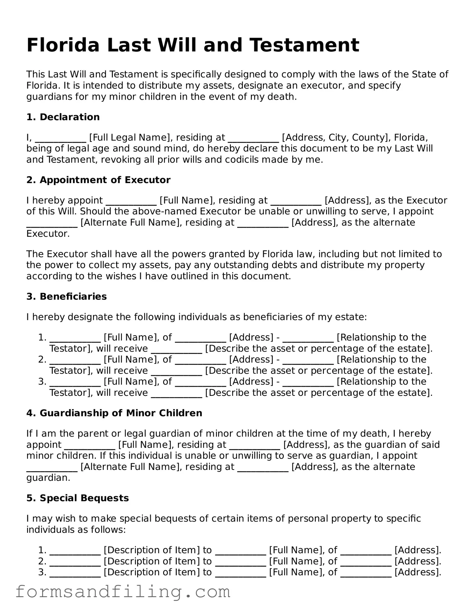 Free Florida Last Will and Testament Template