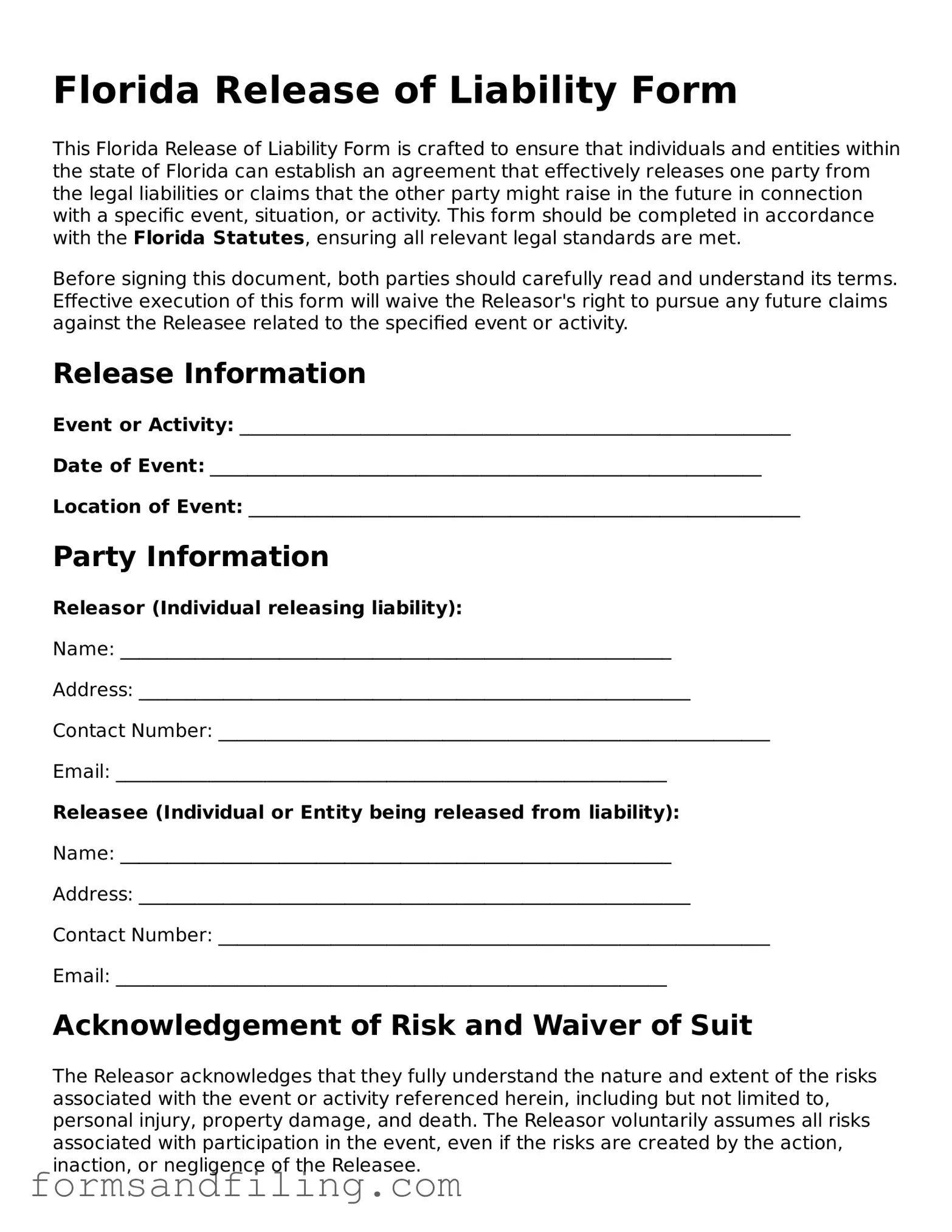 Free Florida Release of Liability Template