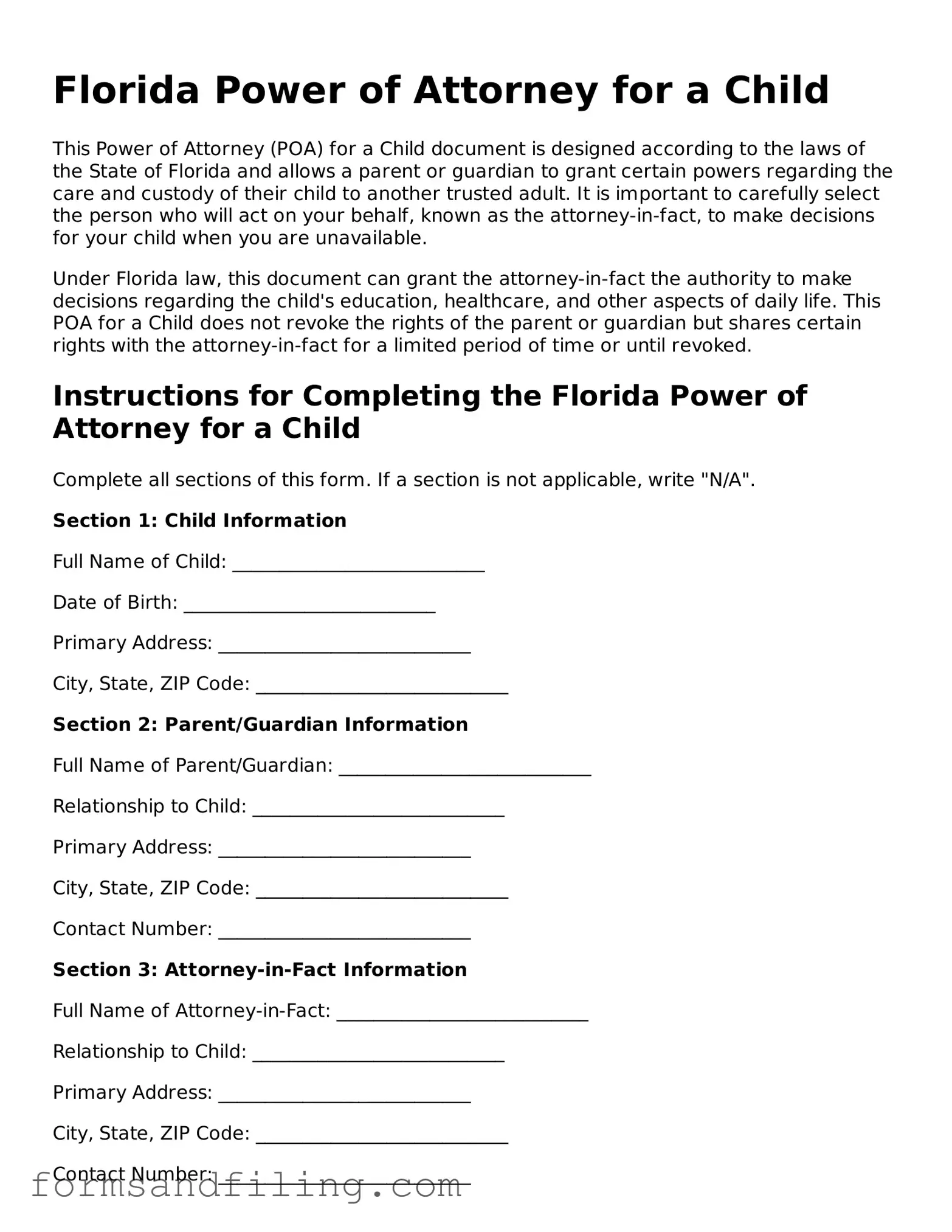 Free Florida Power of Attorney for a Child Template
