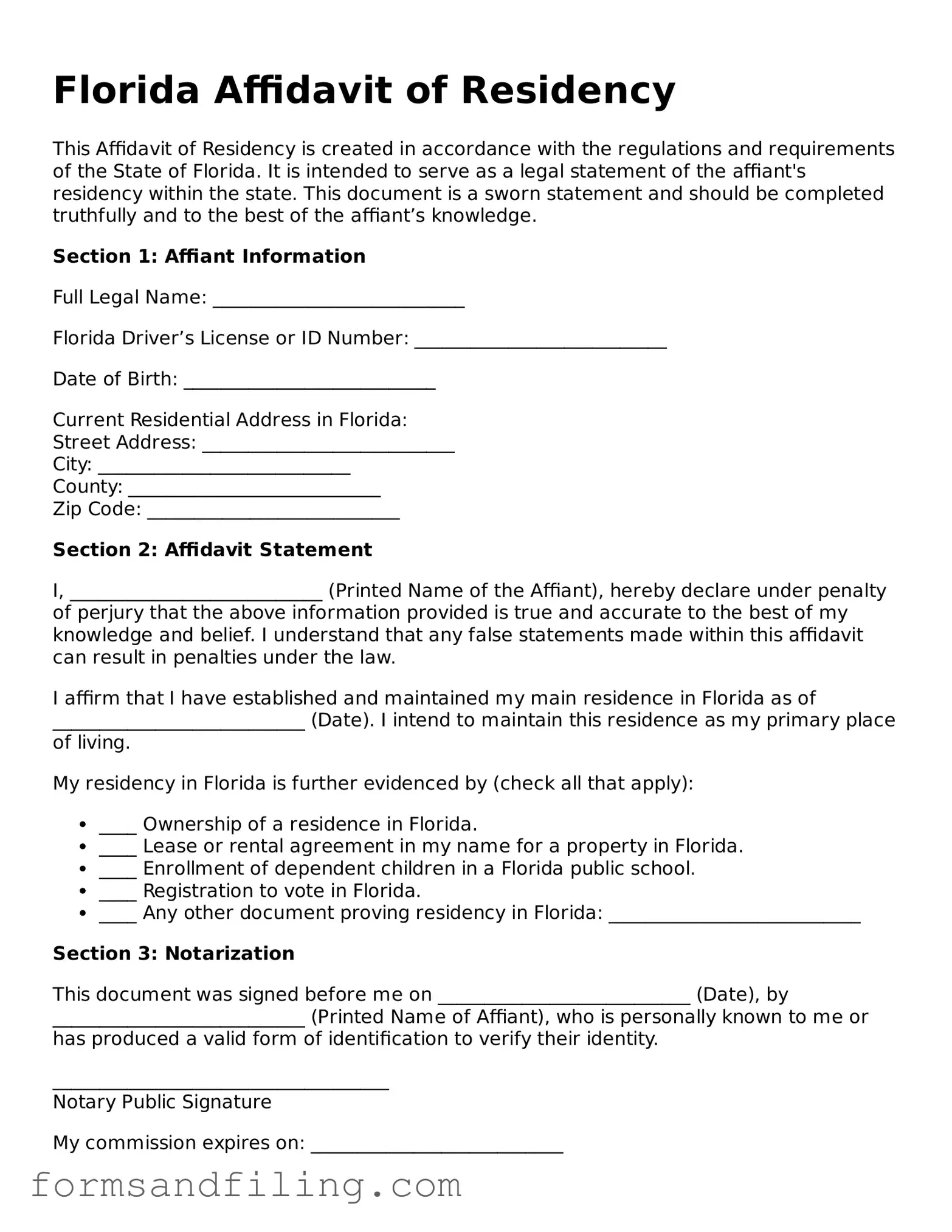 Free Florida Affidavit of Residency Template