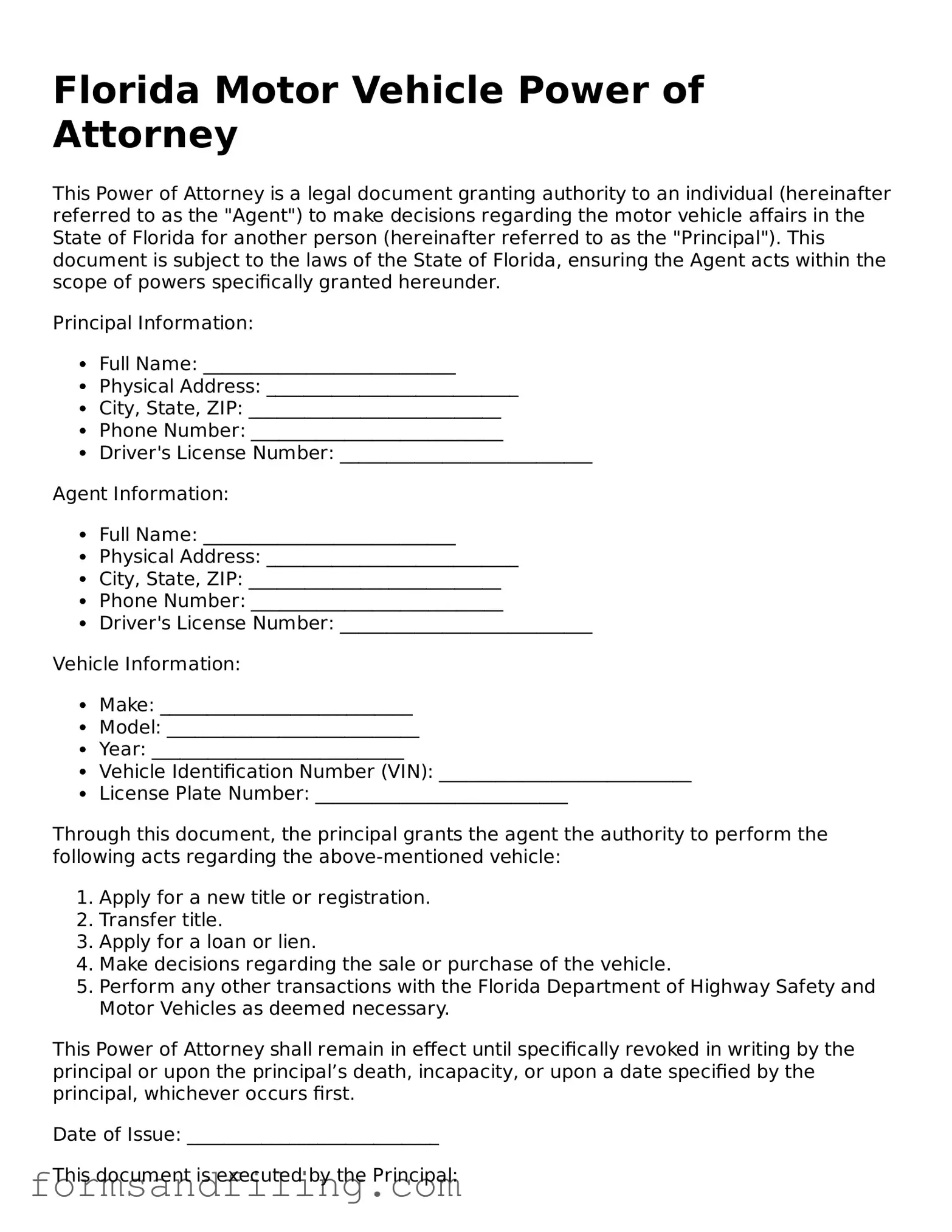 Free Florida Motor Vehicle Power of Attorney Template