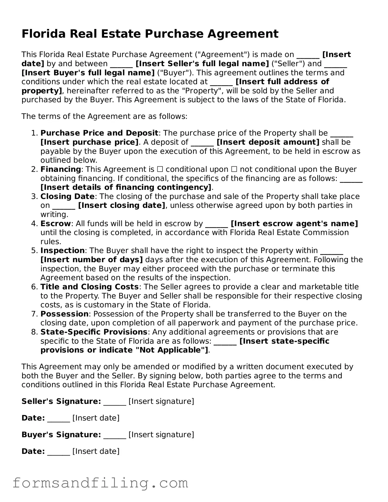 Free Florida Real Estate Purchase Agreement Template