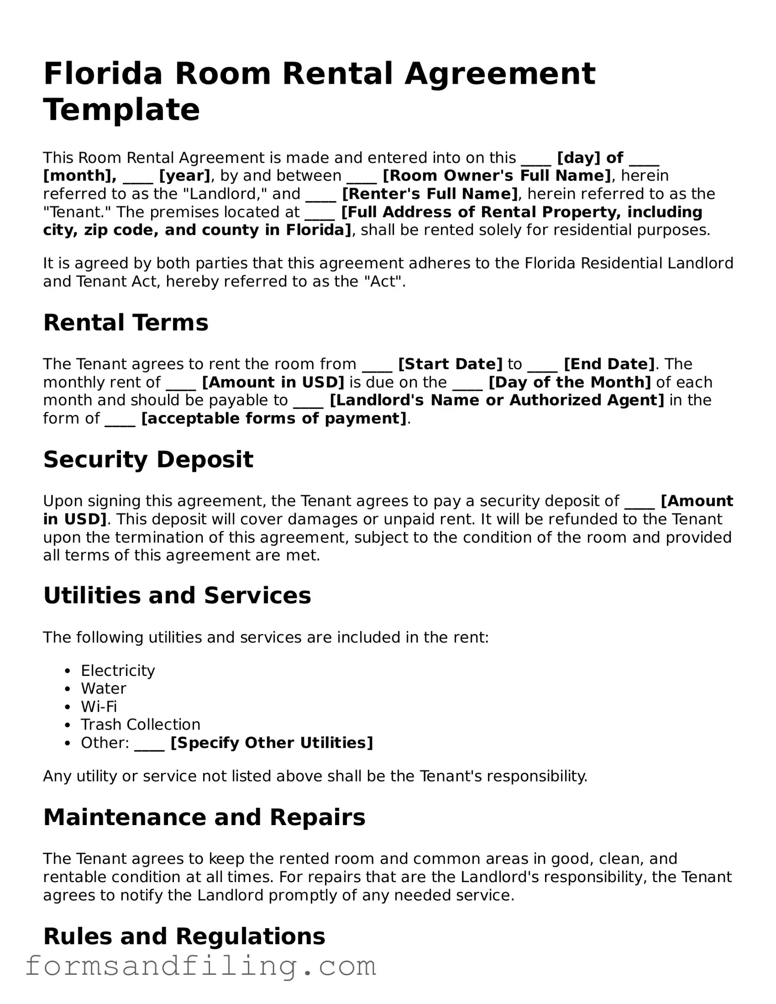 Free Florida Room Rental Agreement Template