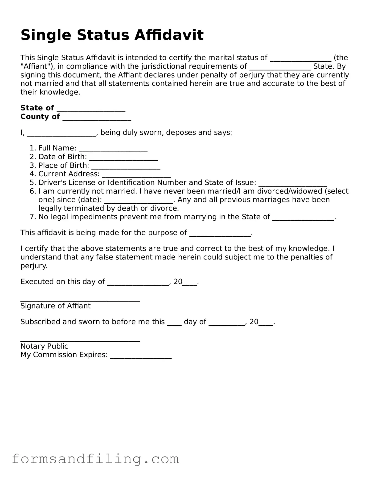 Free Single Status Affidavit Template