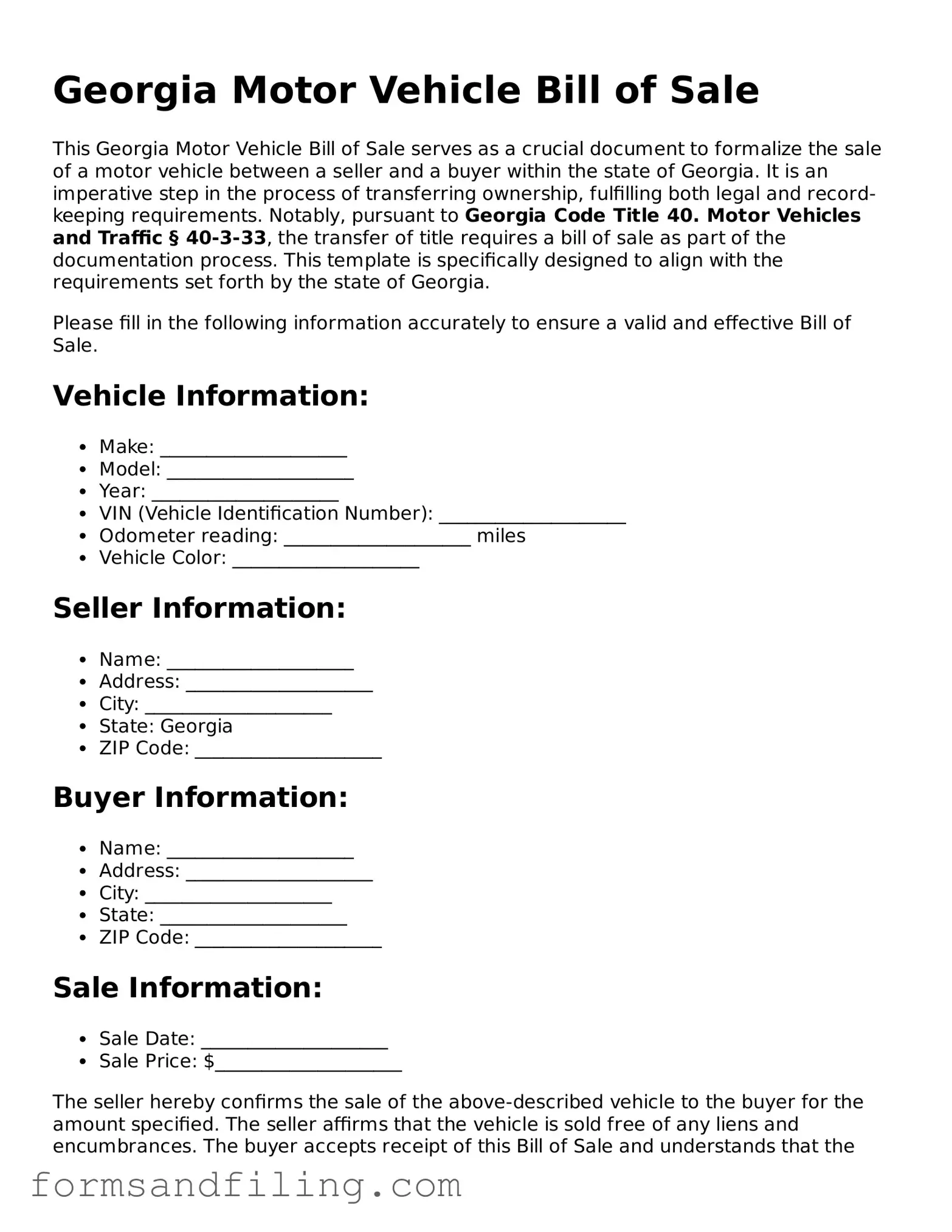 Free Georgia Motor Vehicle Bill of Sale Template