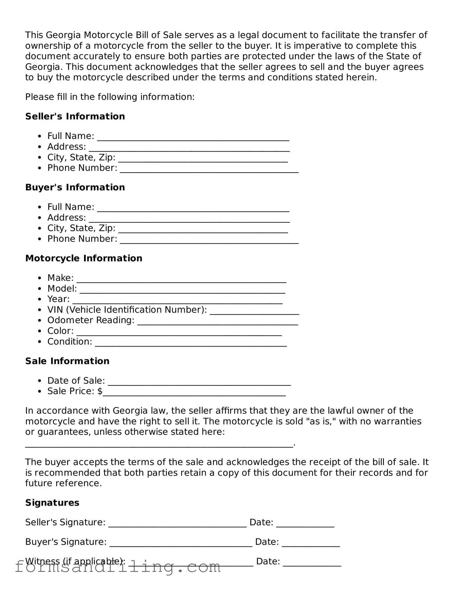 Free Georgia Motorcycle Bill of Sale Template