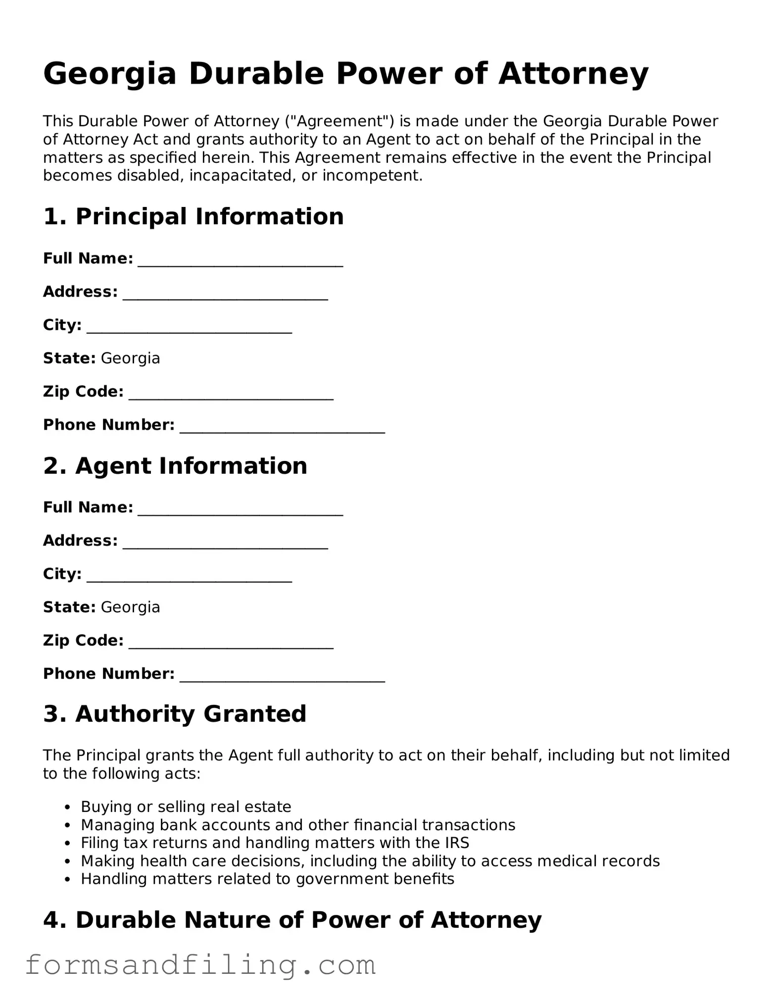 Free Georgia Durable Power of Attorney Template