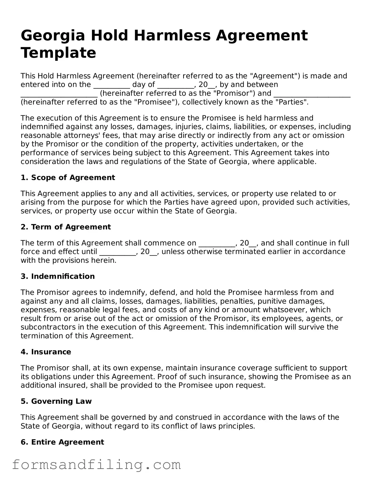 Free Georgia Hold Harmless Agreement Template