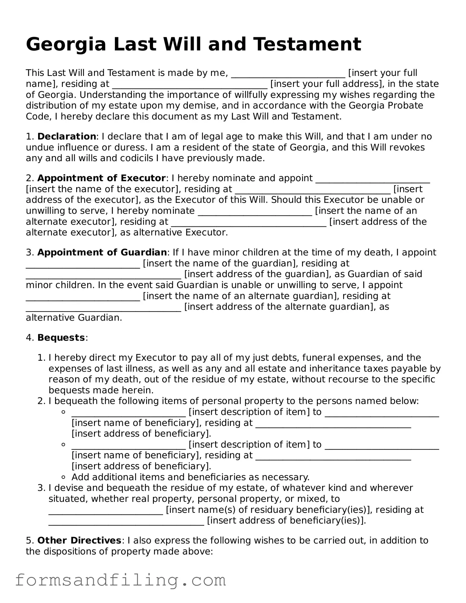 Free Georgia Last Will and Testament Template