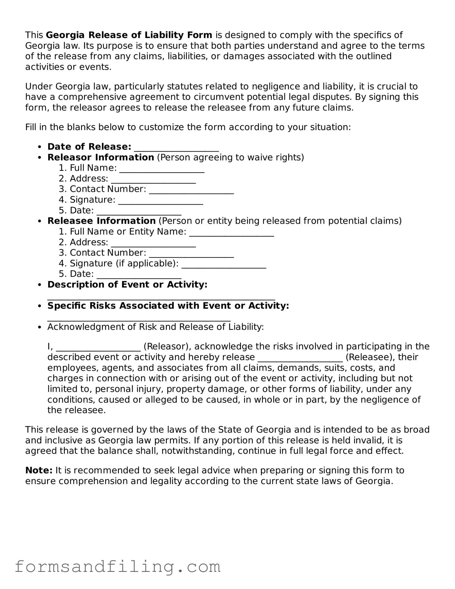 Free Georgia Release of Liability Template