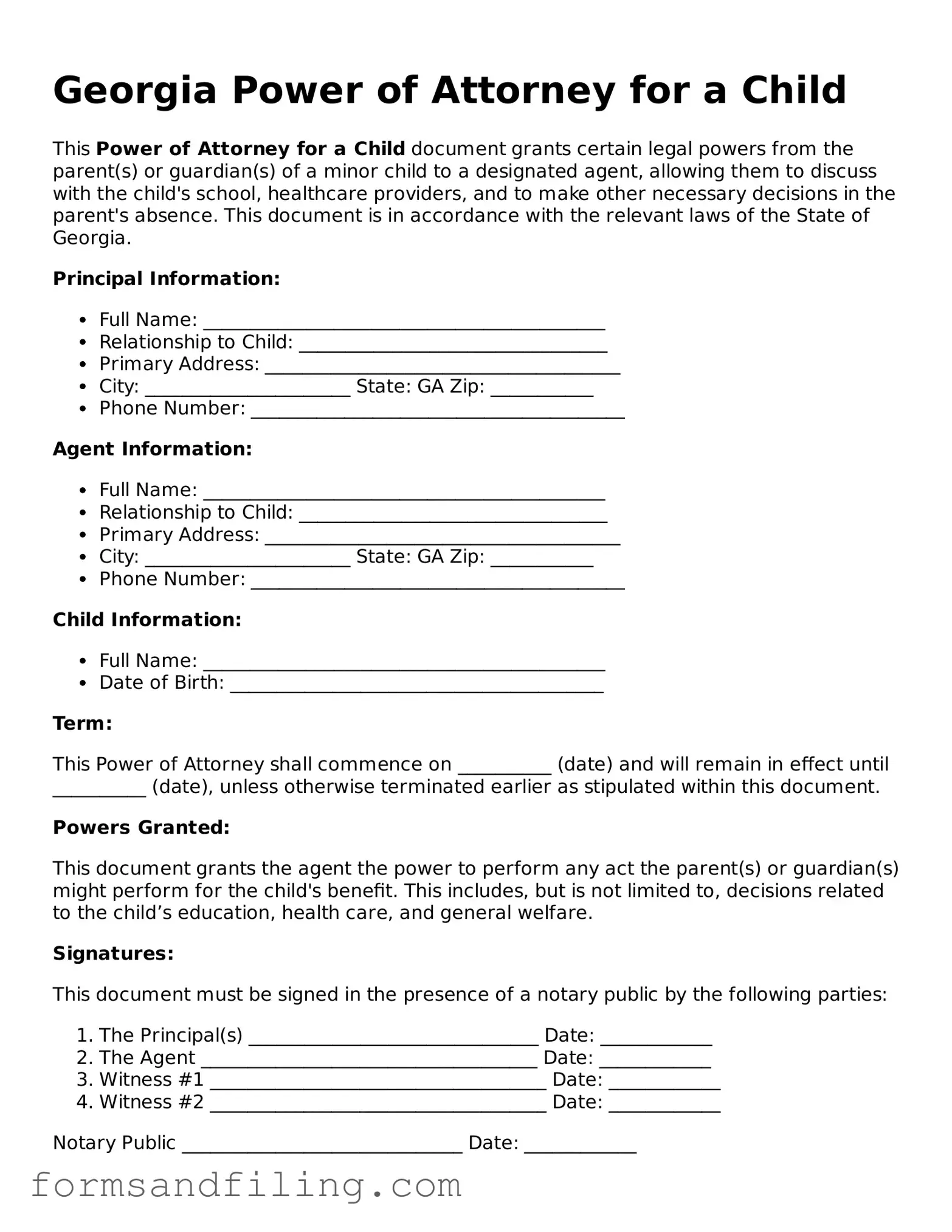 Free Georgia Power of Attorney for a Child Template