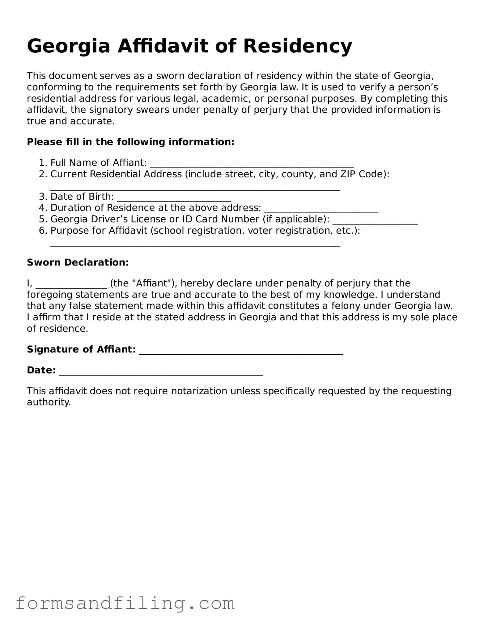 Free Georgia Affidavit of Residency Template