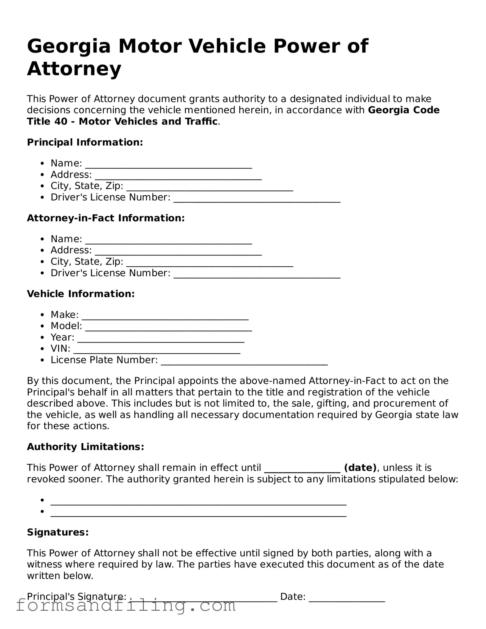 Free Georgia Motor Vehicle Power of Attorney Template