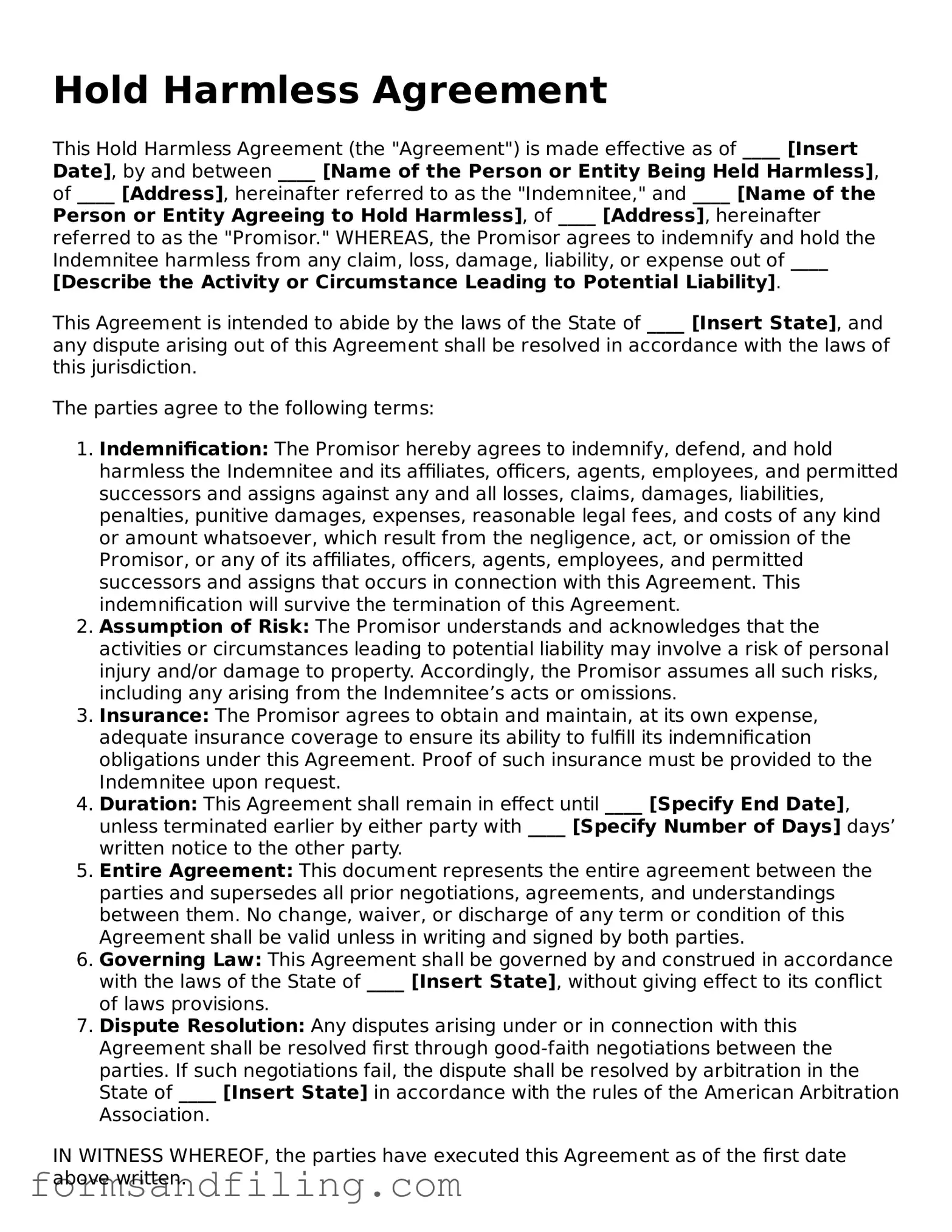 Free Hold Harmless Agreement Template