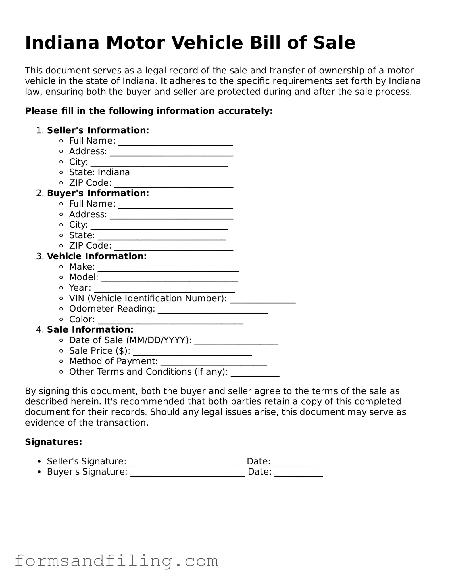 Free Indiana Motor Vehicle Bill of Sale Template
