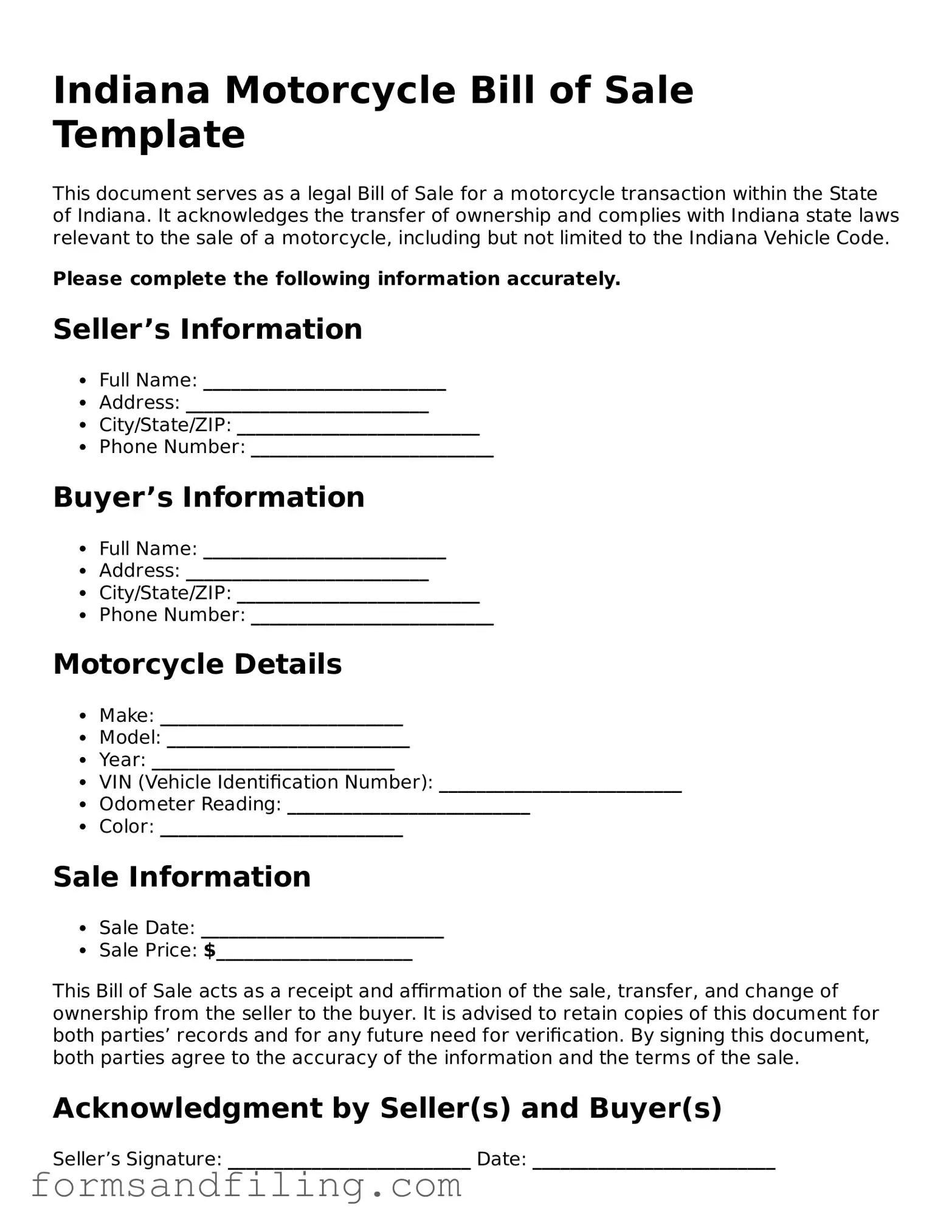 Free Indiana Motorcycle Bill of Sale Template