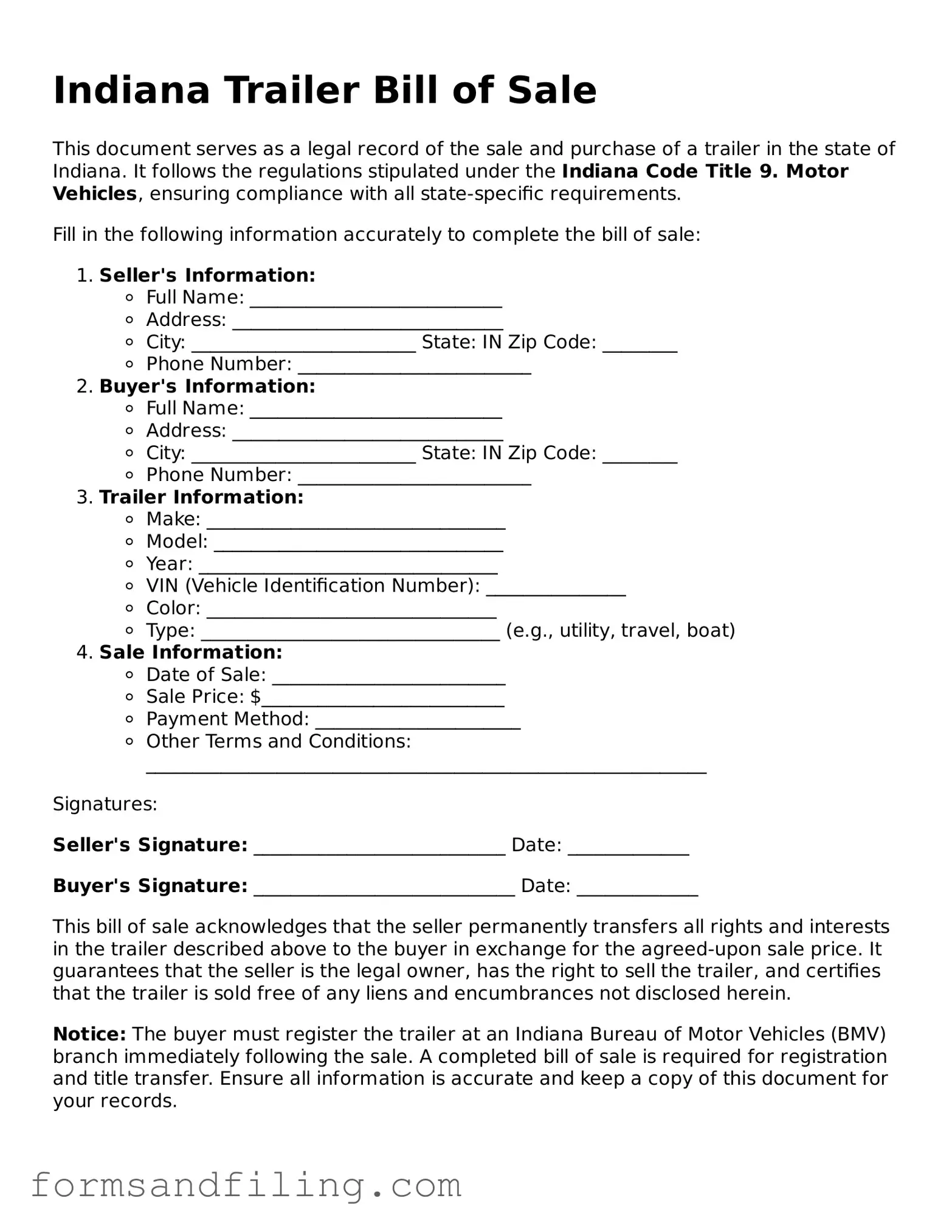 Free Indiana Trailer Bill of Sale Template