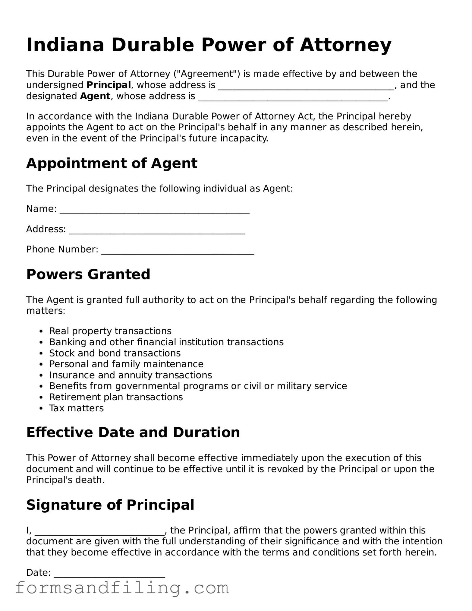 Free Indiana Durable Power of Attorney Template