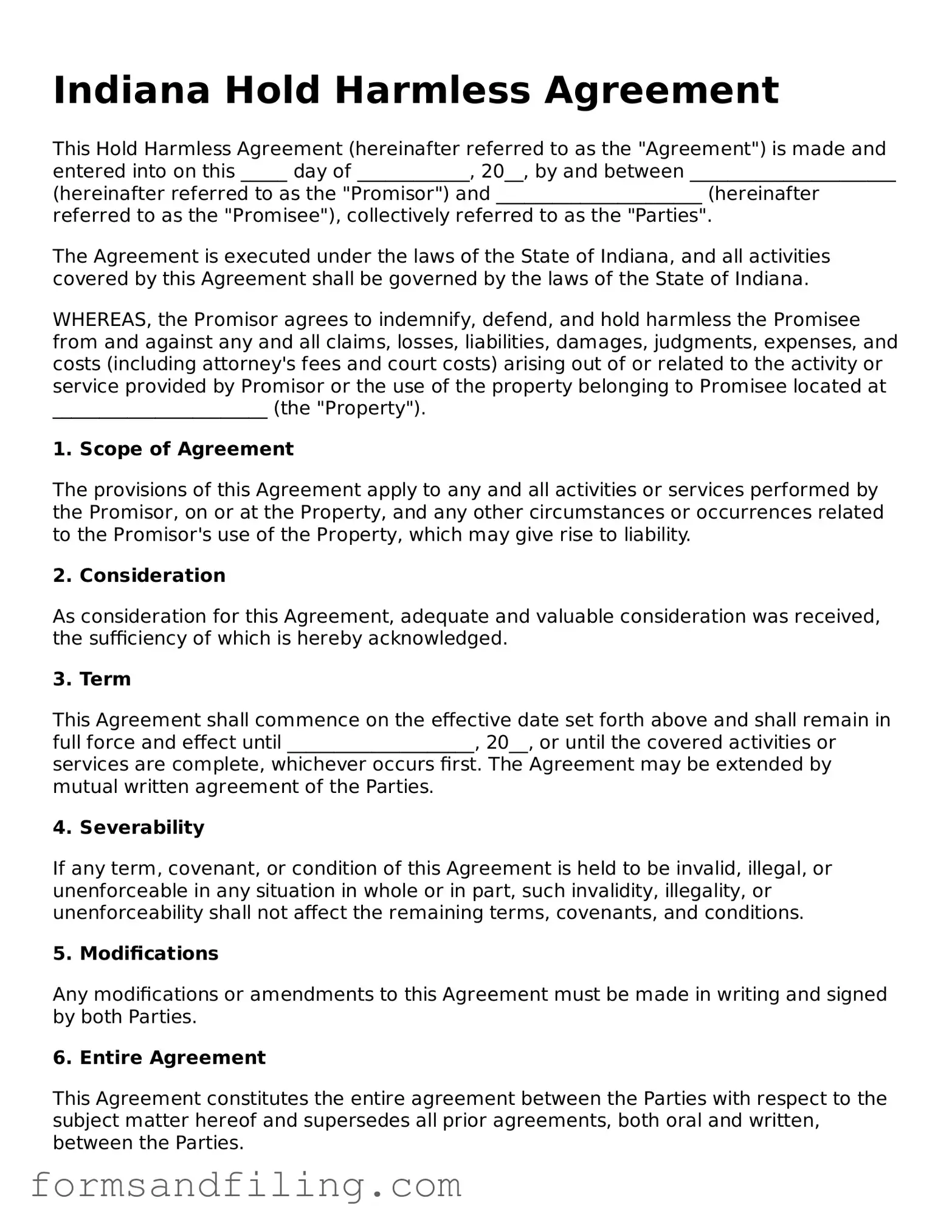 Free Indiana Hold Harmless Agreement Template