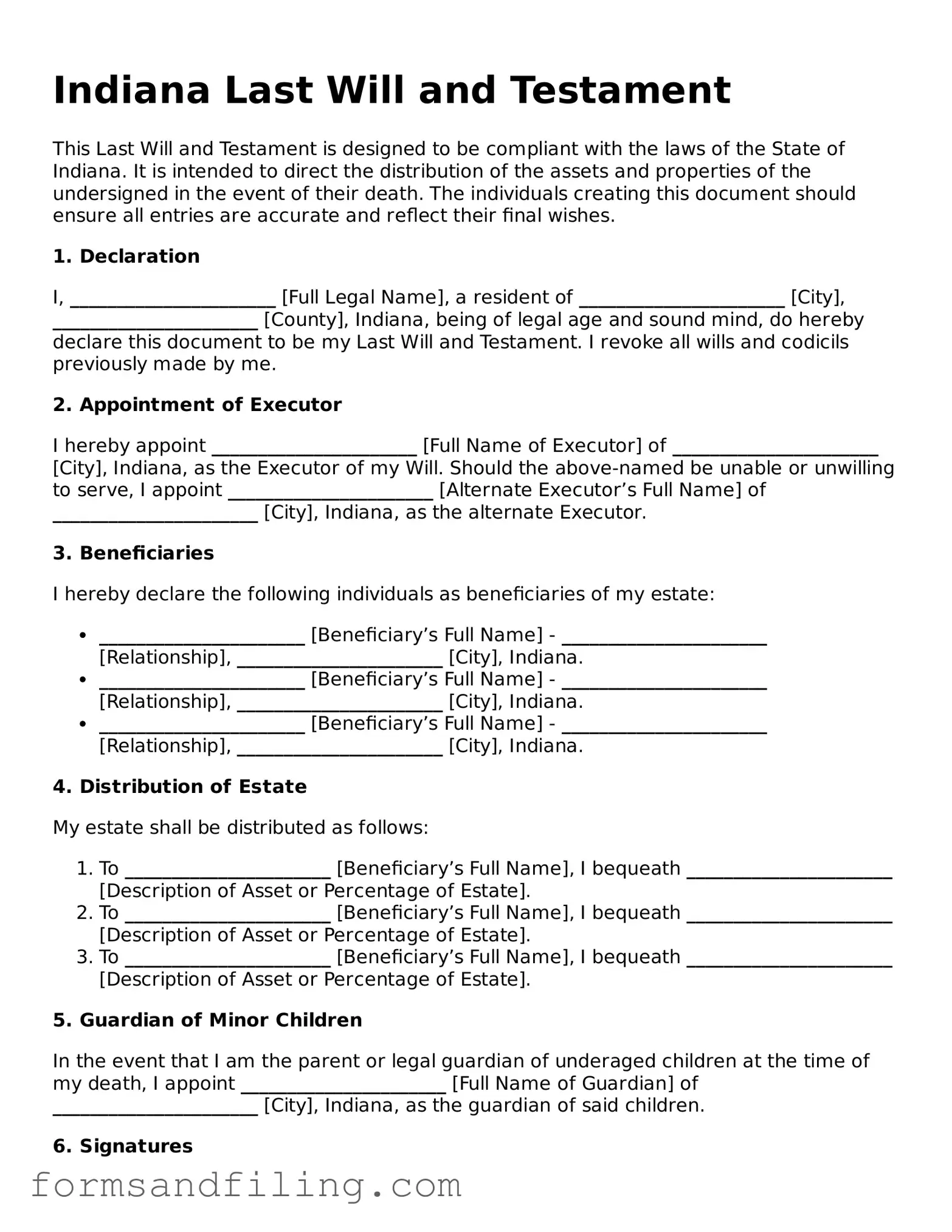 Free Indiana Last Will and Testament Template
