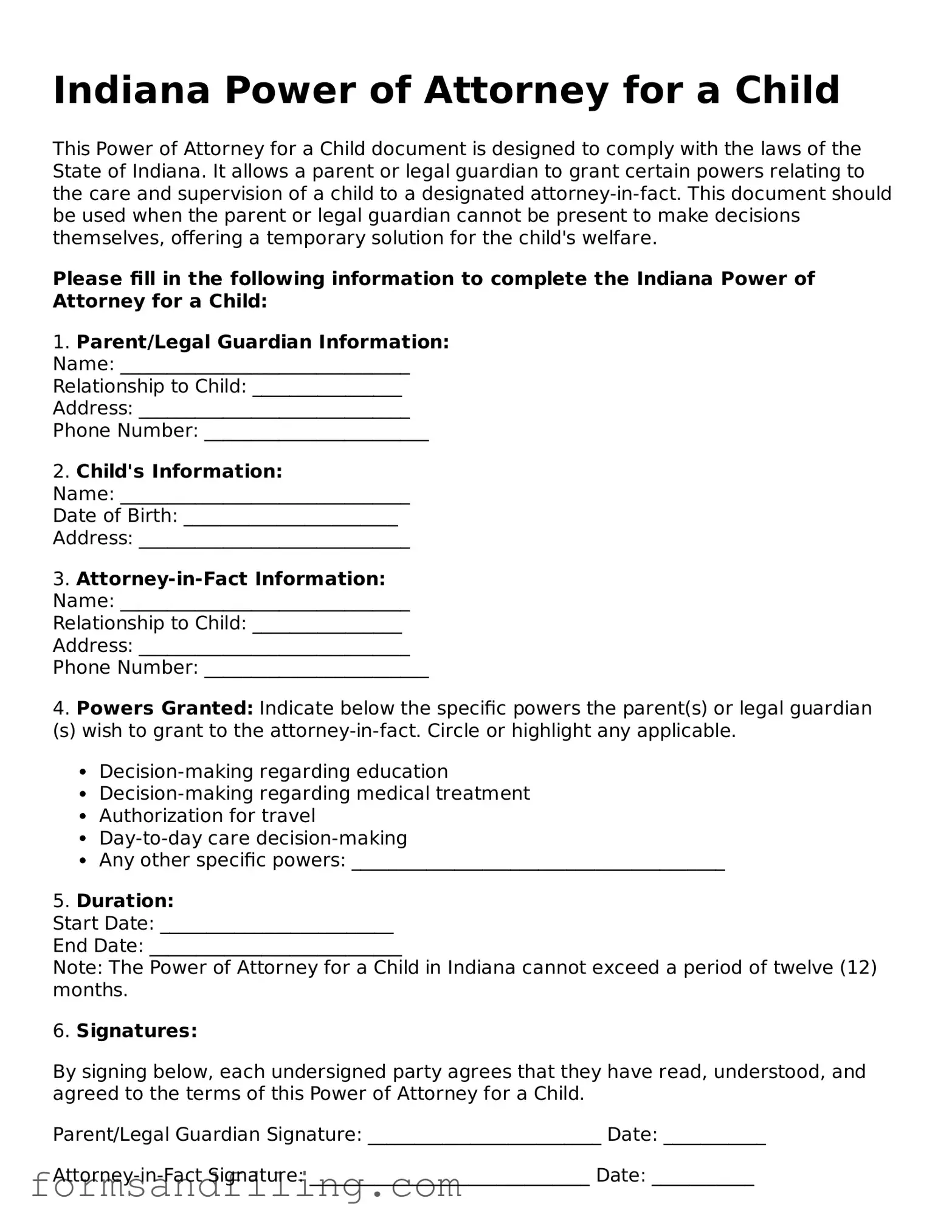 Free Indiana Power of Attorney for a Child Template