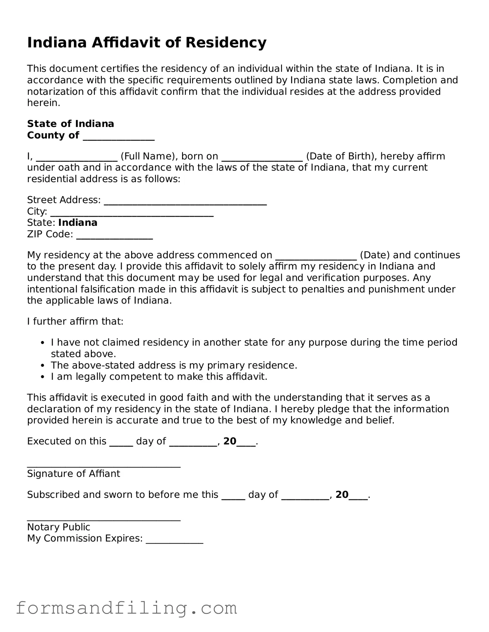Free Indiana Affidavit of Residency Template