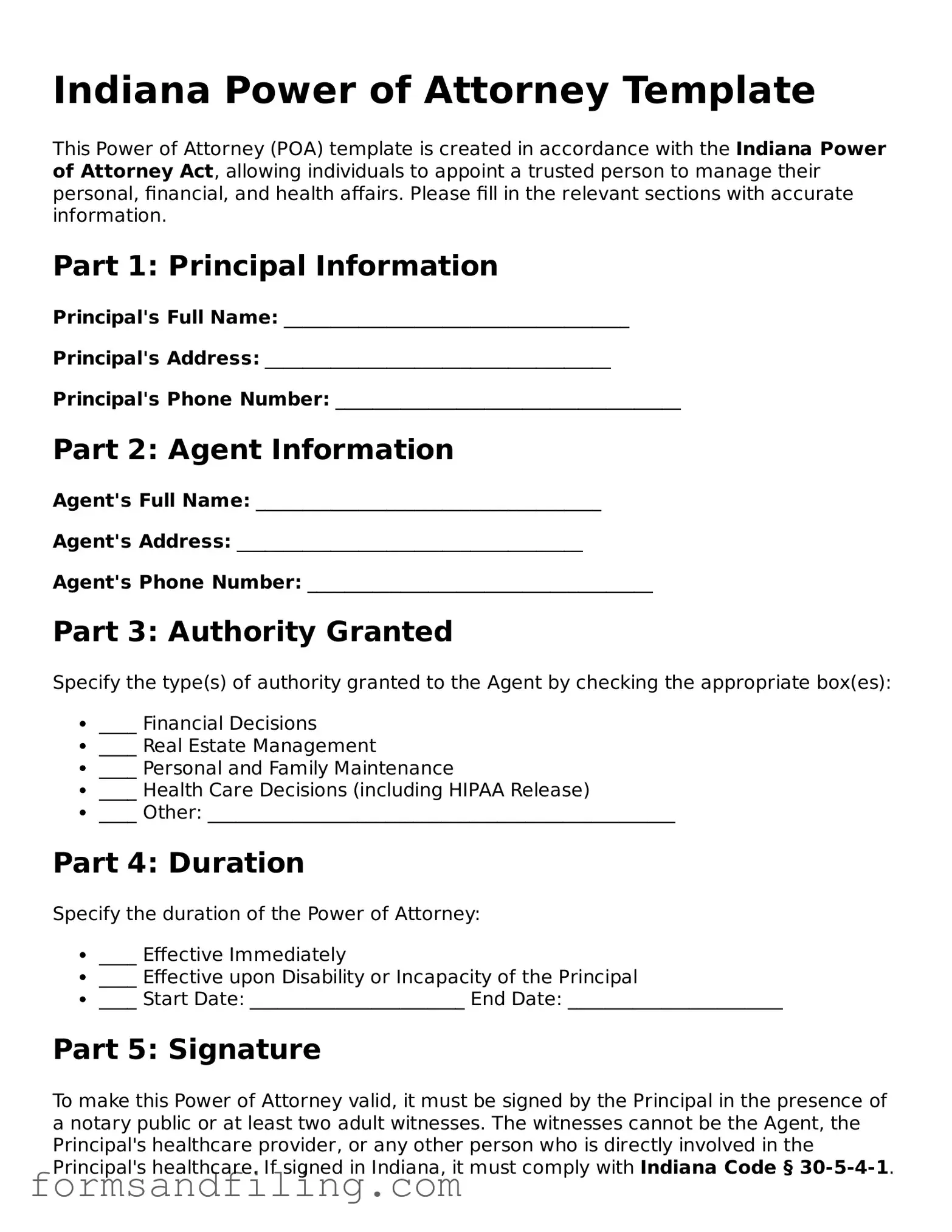 Free Indiana Power of Attorney Template