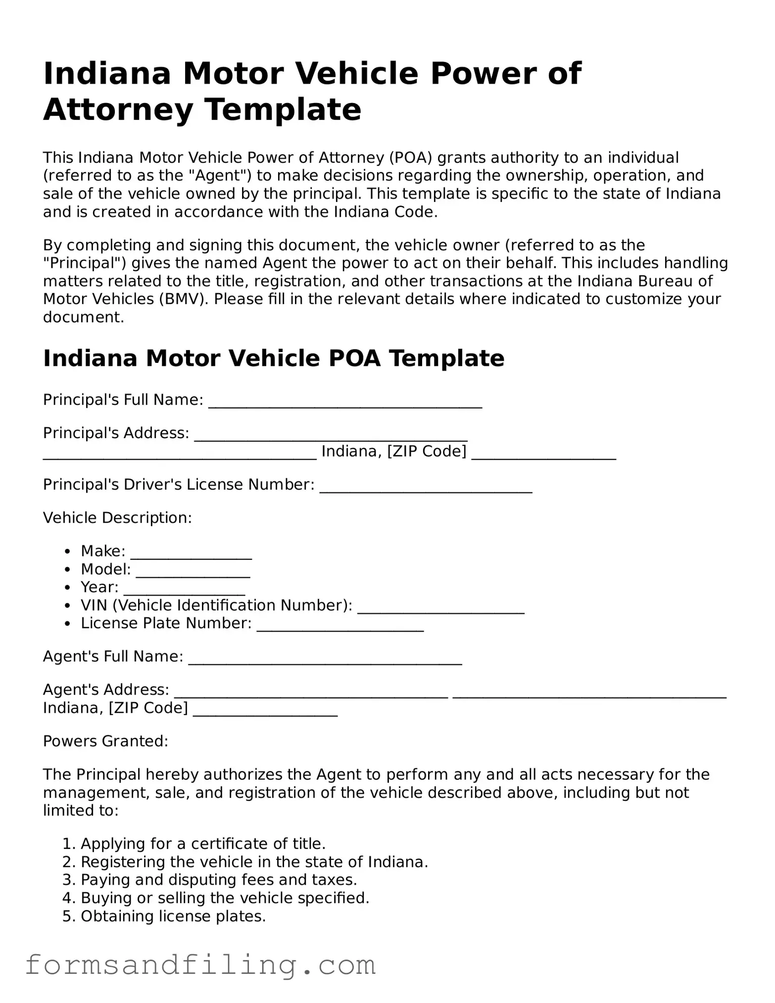 Free Indiana Motor Vehicle Power of Attorney Template