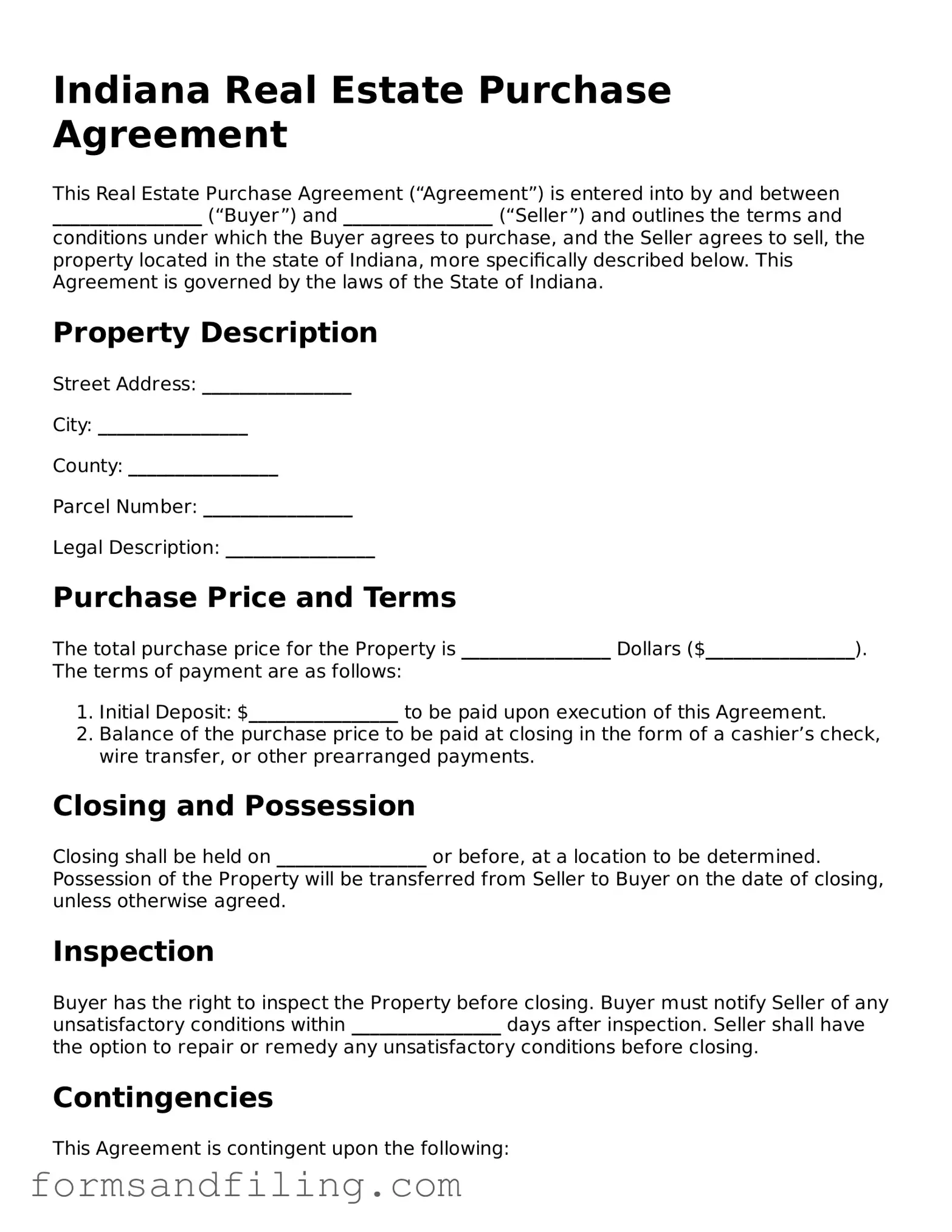 Free Indiana Real Estate Purchase Agreement Template