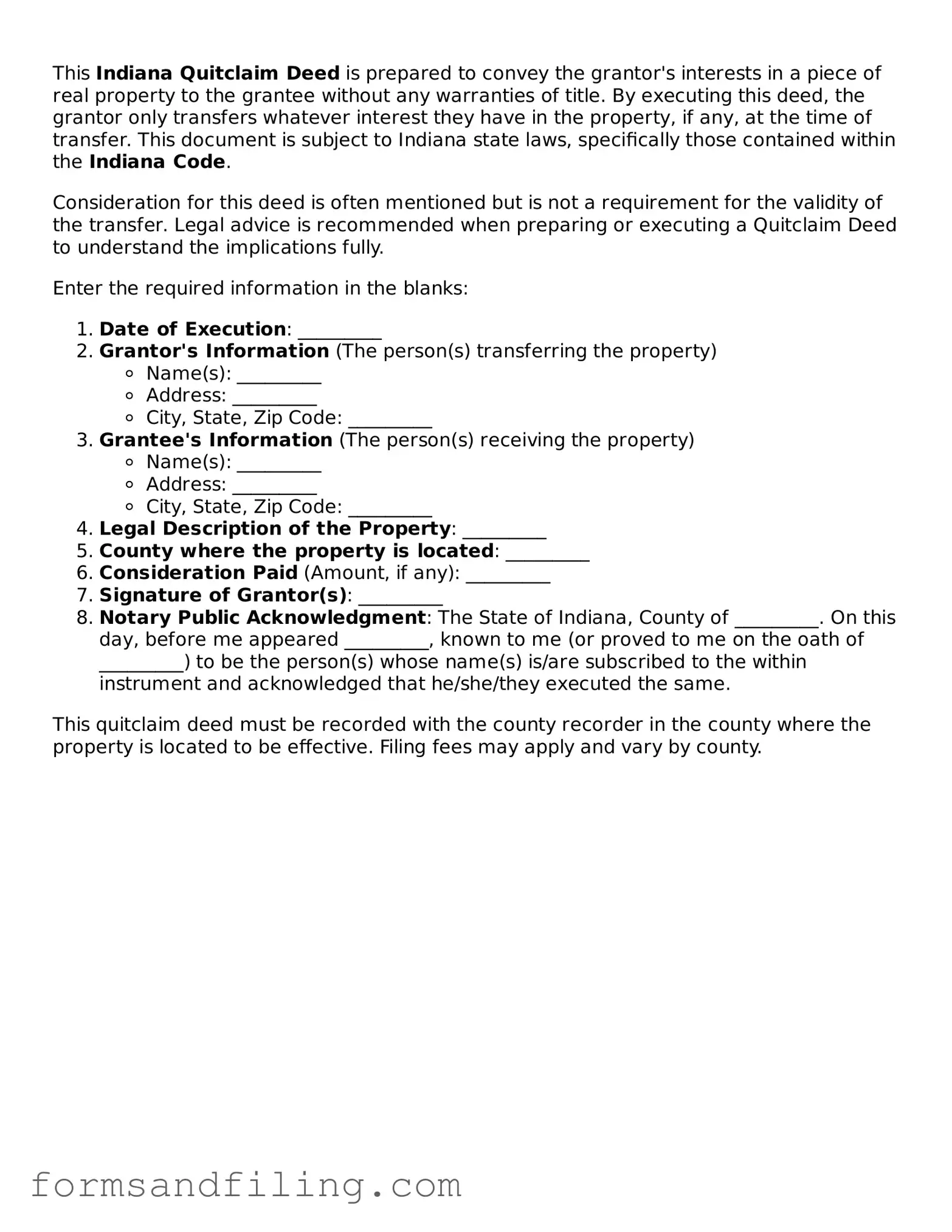 Free Indiana Quitclaim Deed Template