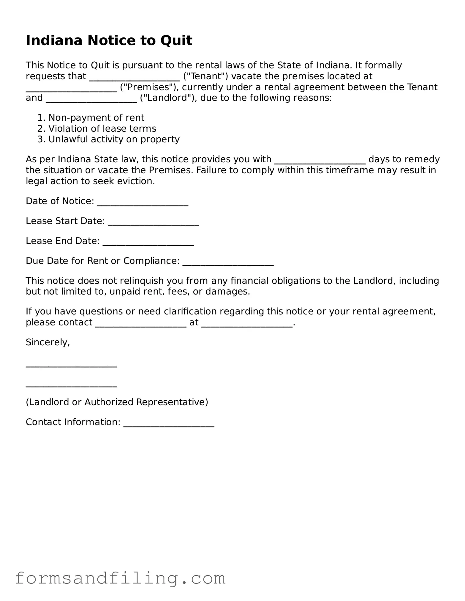 Free Indiana Notice to Quit Template