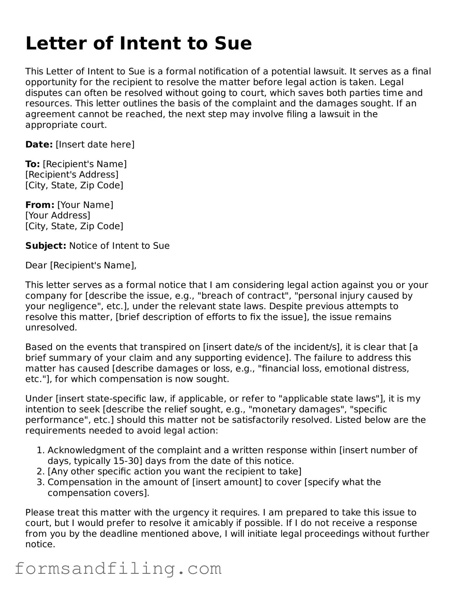 Free Letter of Intent to Sue Template