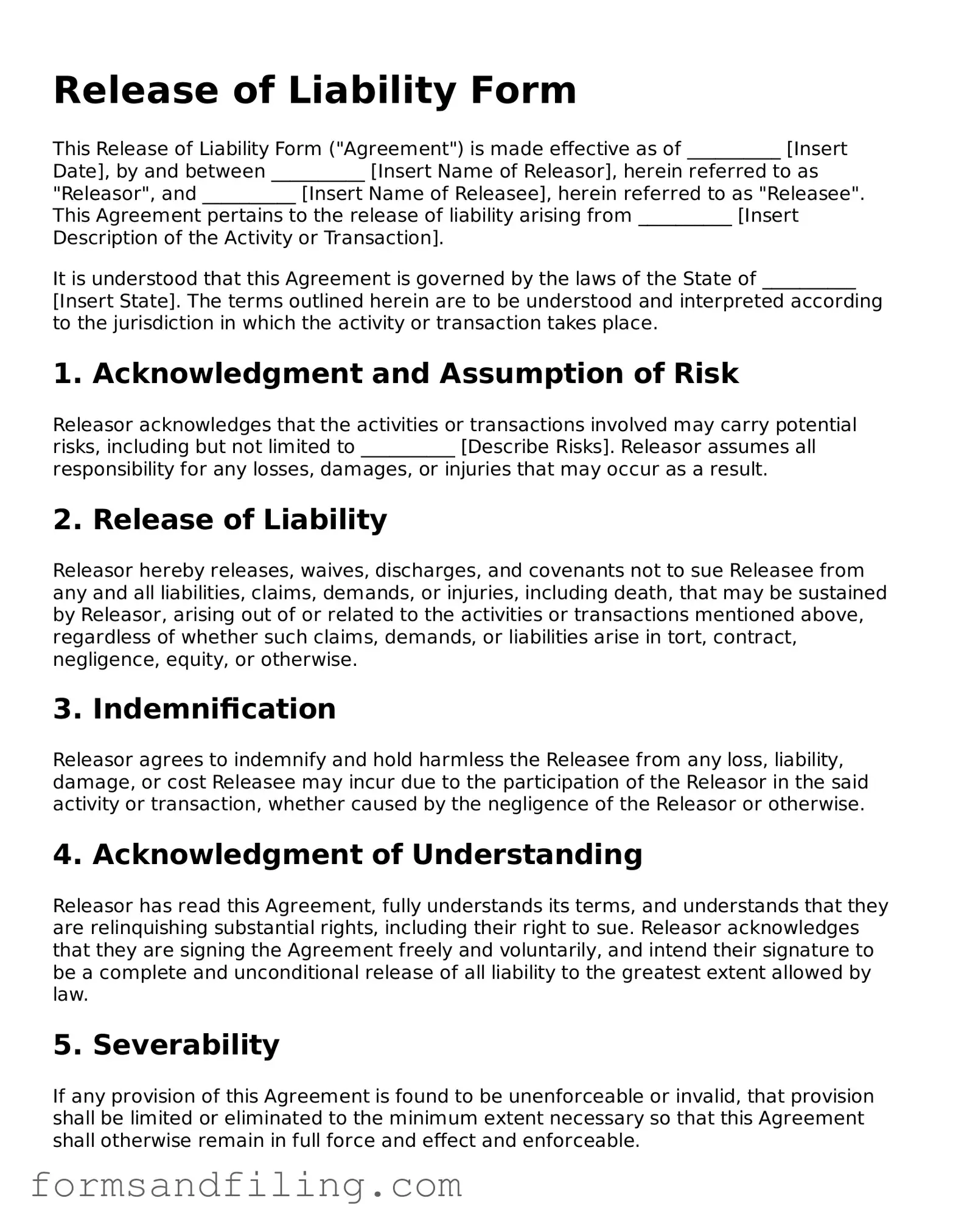 Free Release of Liability Template