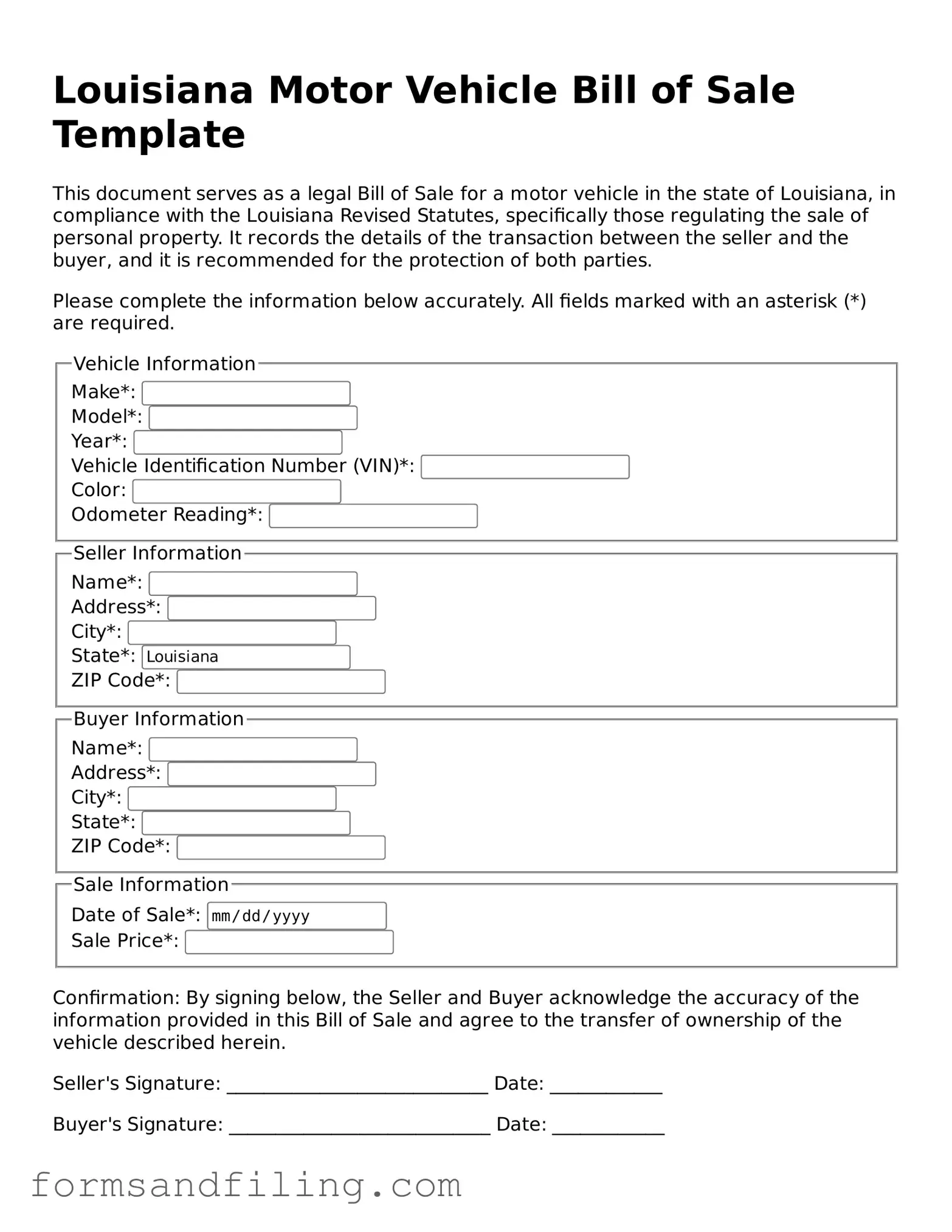 Free Louisiana Motor Vehicle Bill of Sale Template