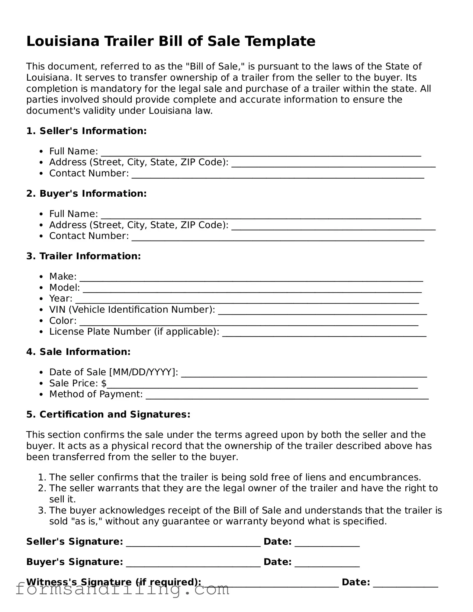 Free Louisiana Trailer Bill of Sale Template