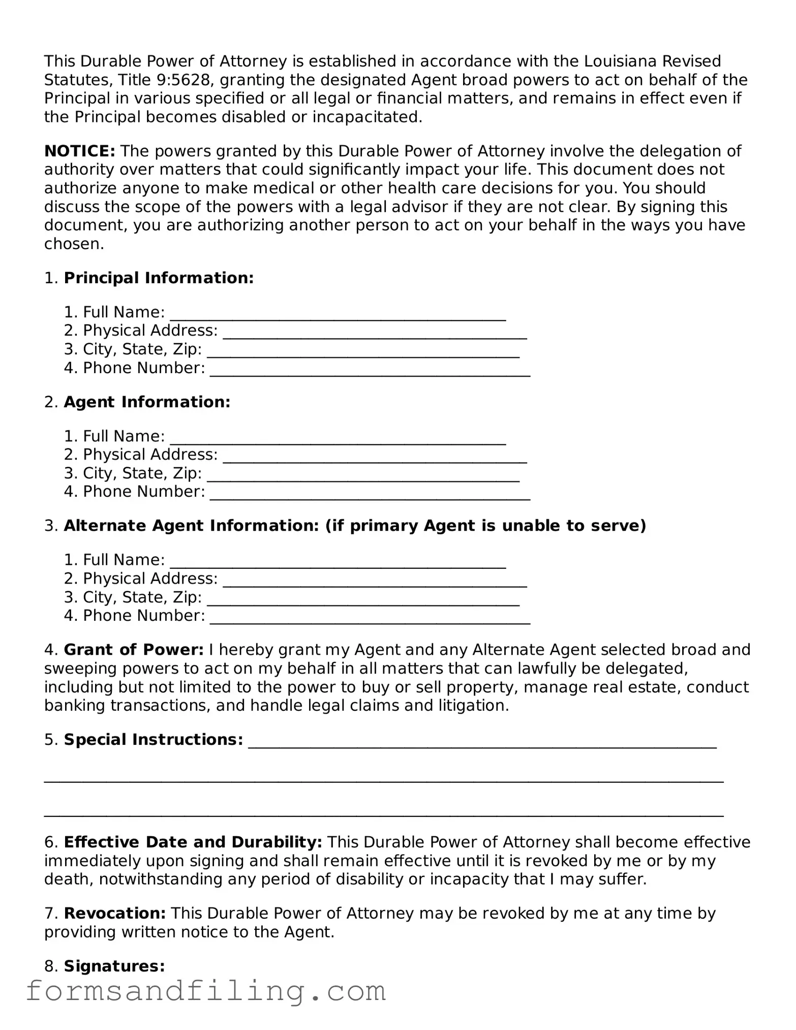 Free Louisiana Durable Power of Attorney Template