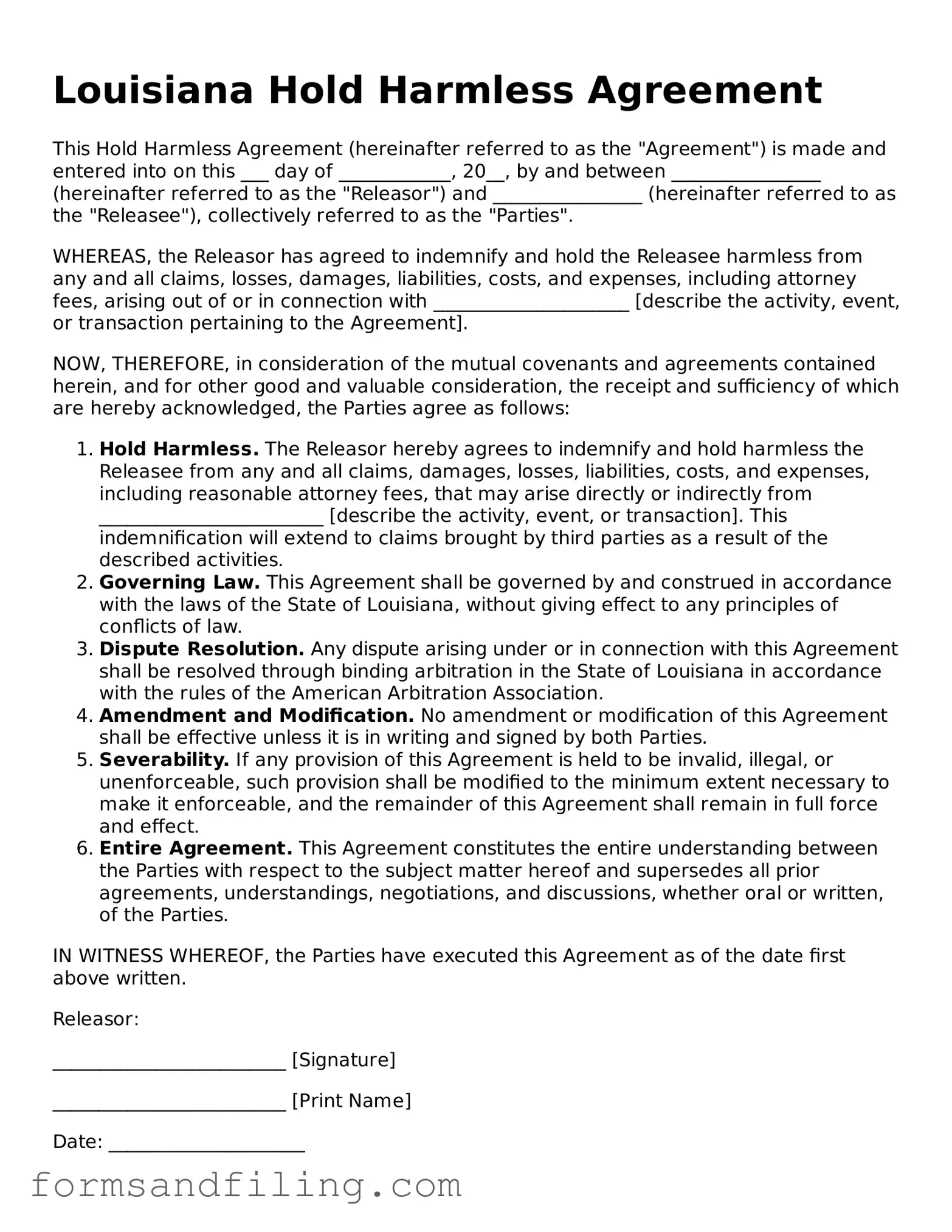 Free Louisiana Hold Harmless Agreement Template