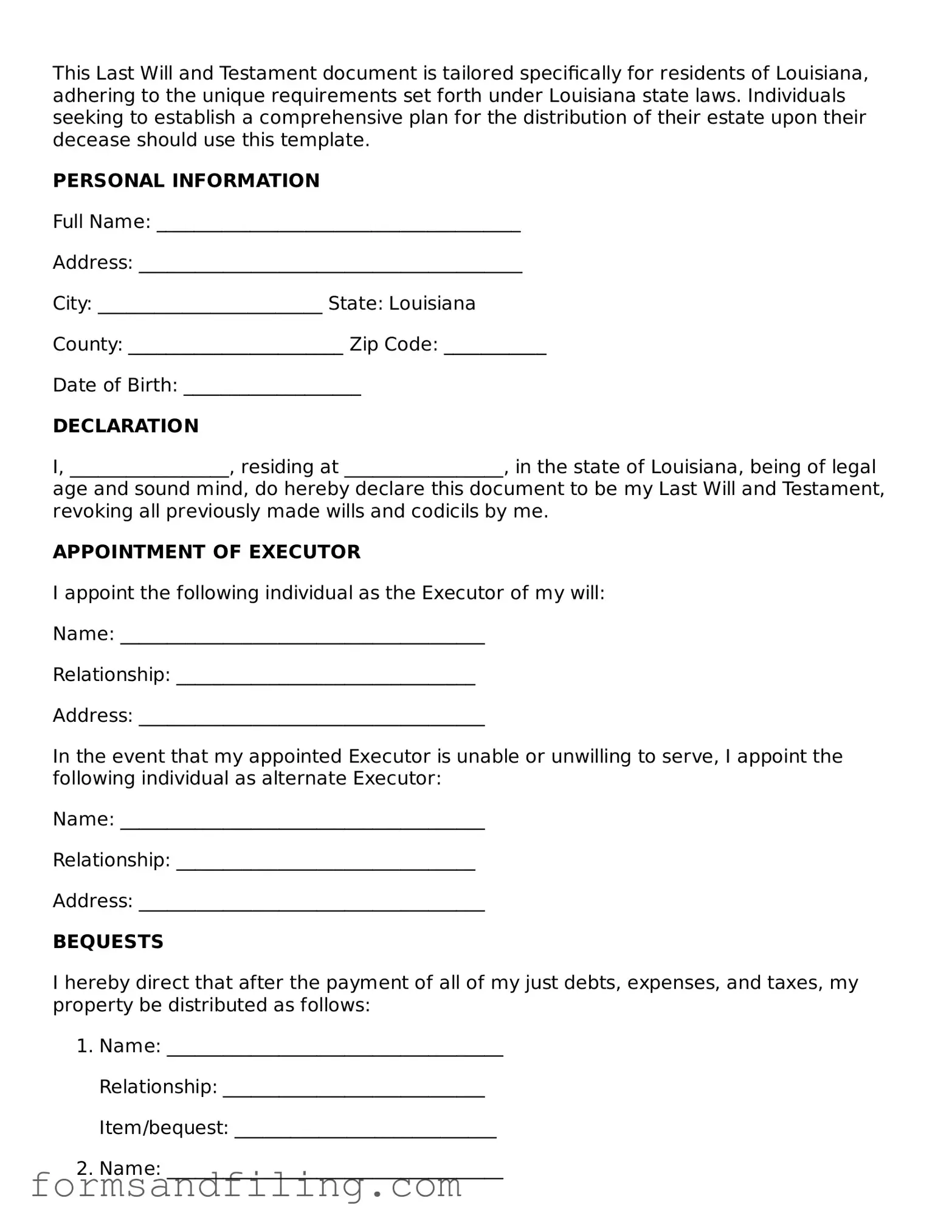 Free Louisiana Last Will and Testament Template