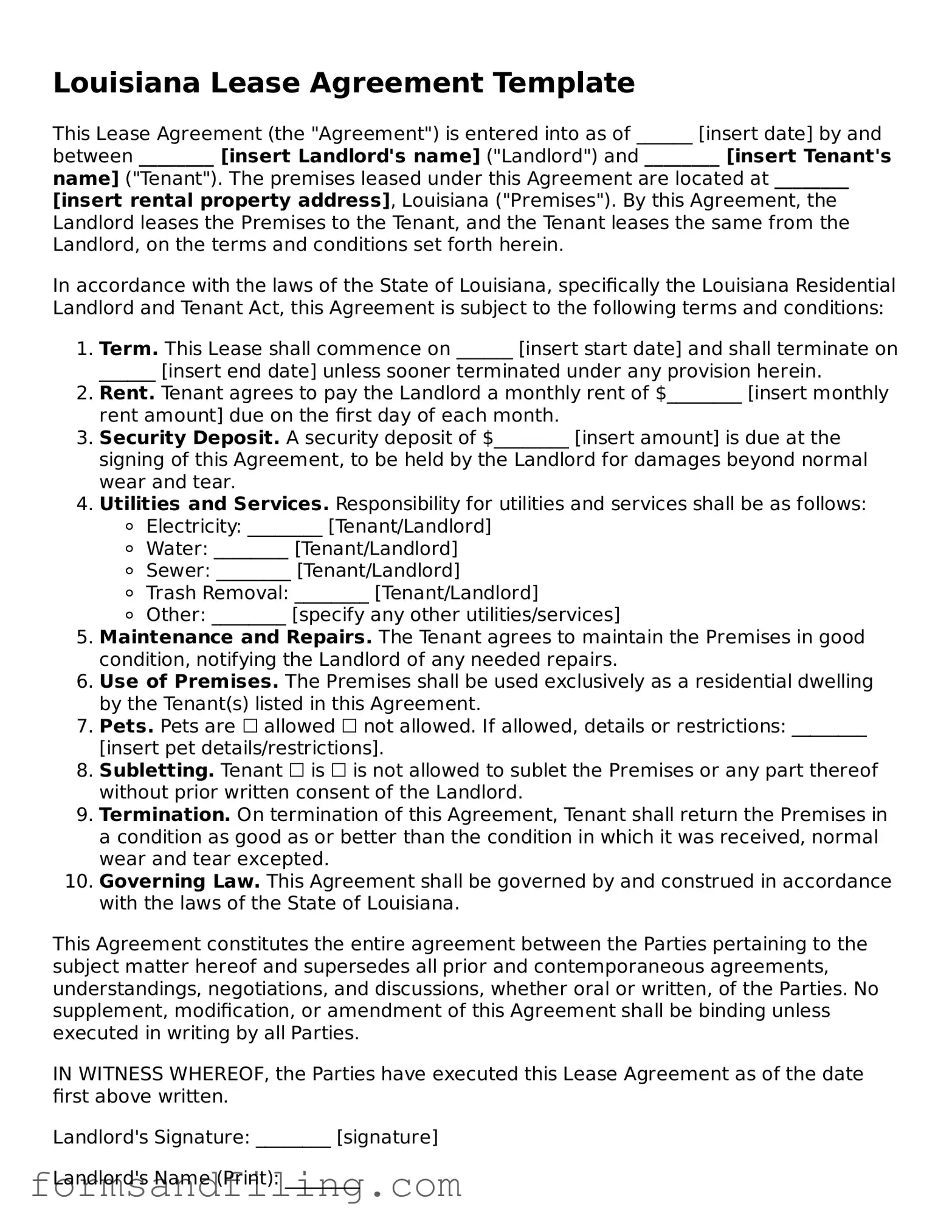 Free Louisiana Lease Agreement Template