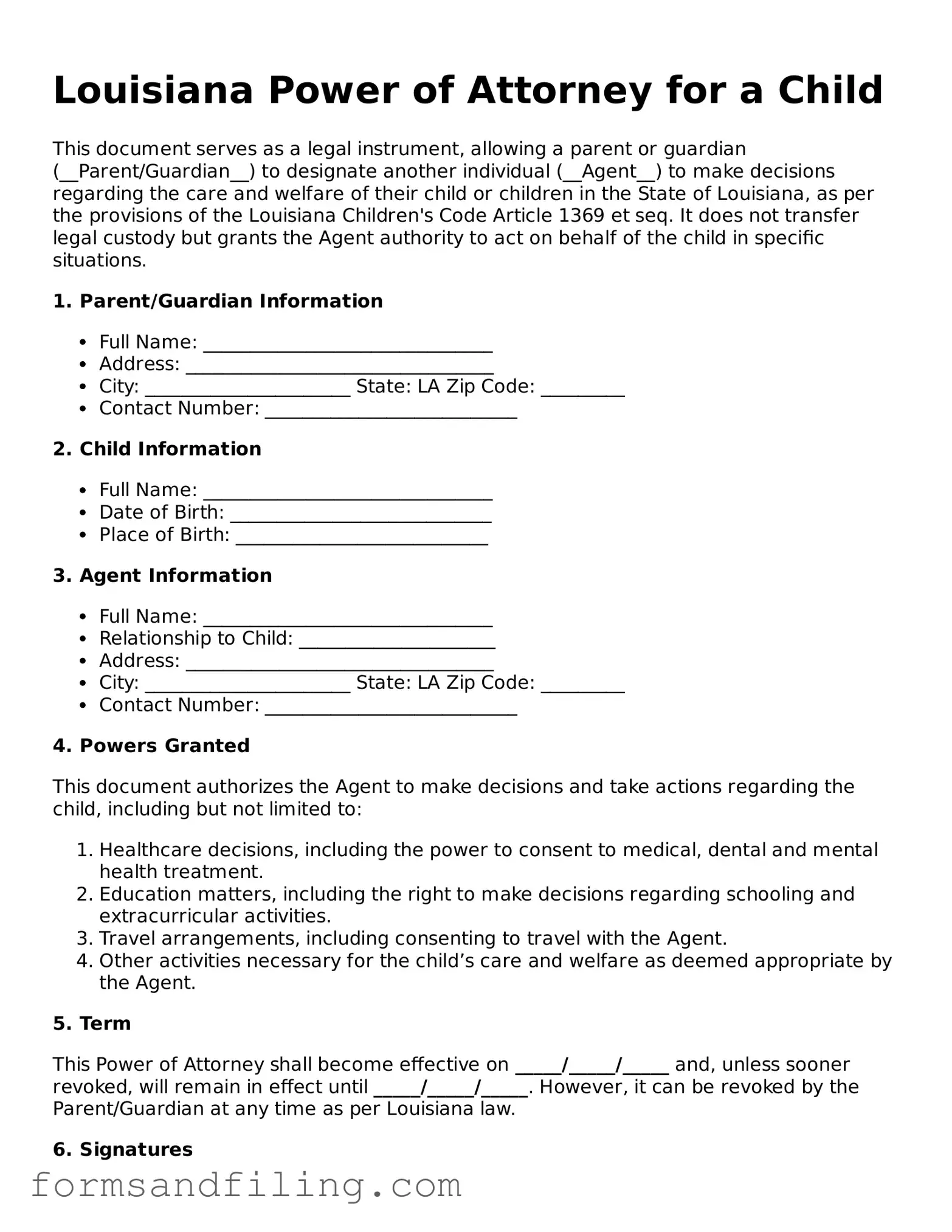 Free Louisiana Power of Attorney for a Child Template