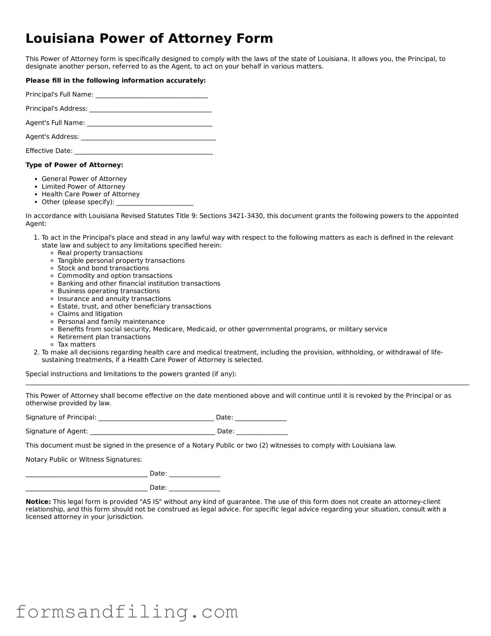 Free Louisiana Power of Attorney Template