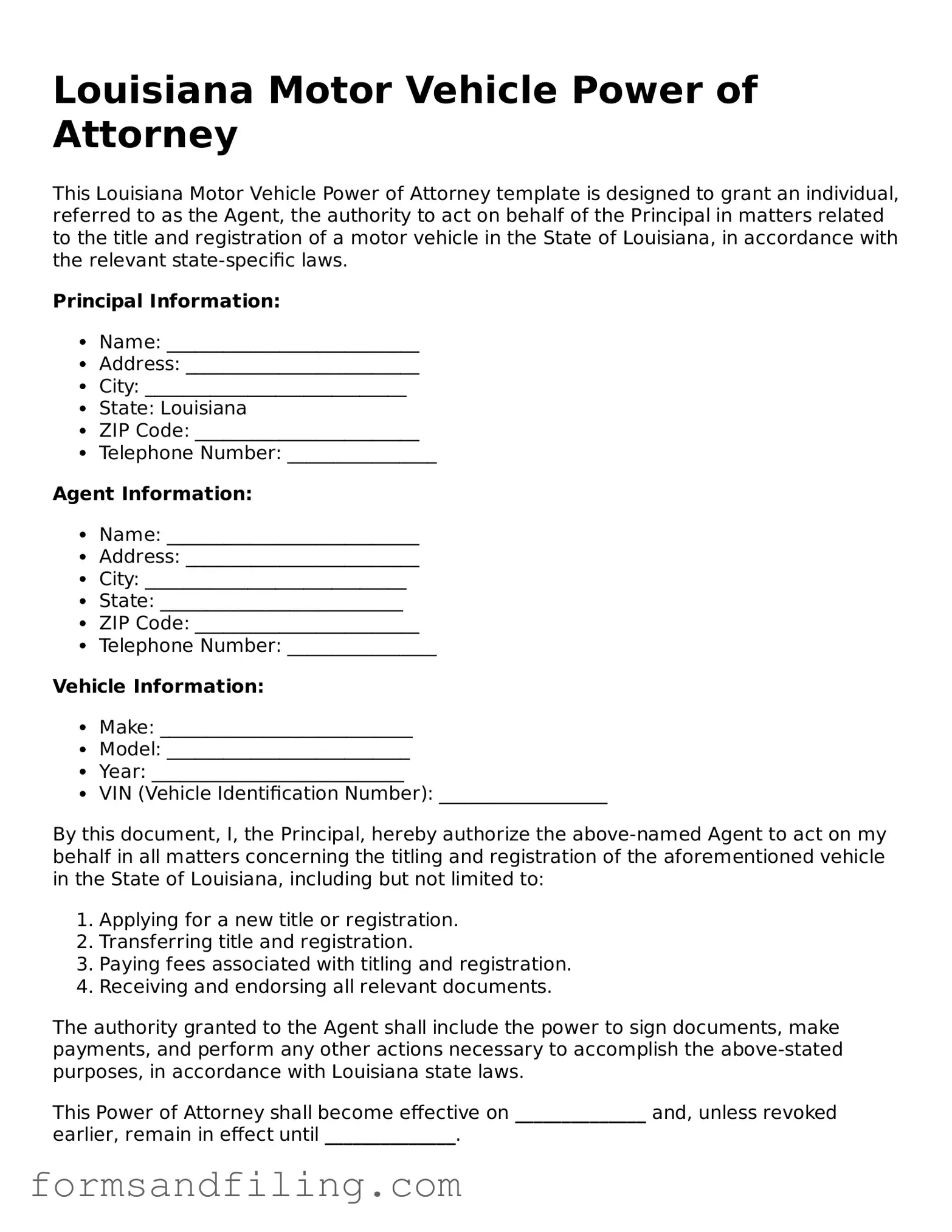 Free Louisiana Motor Vehicle Power of Attorney Template