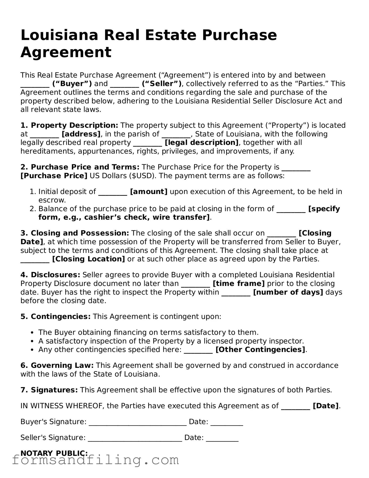 Free Louisiana Real Estate Purchase Agreement Template