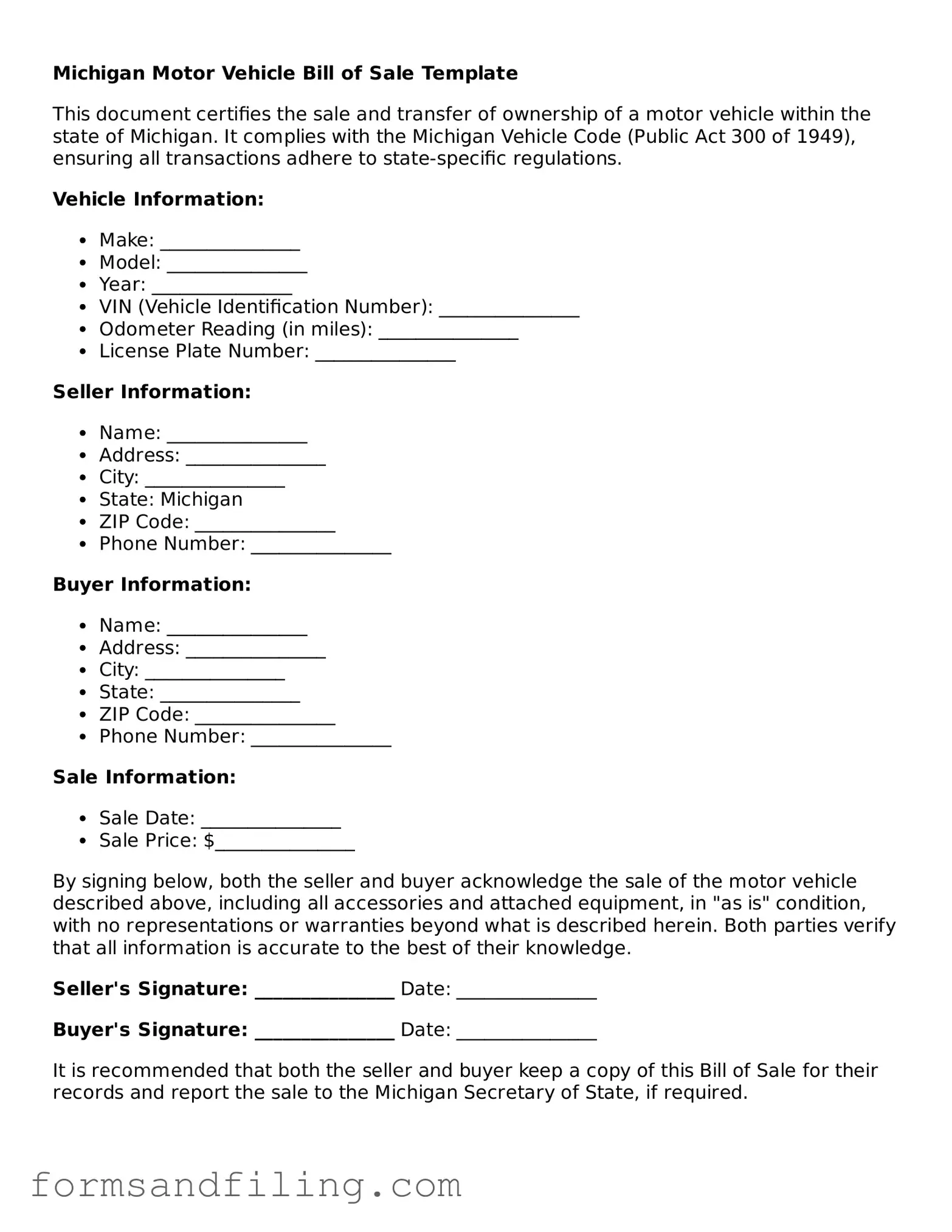 Free Michigan Motor Vehicle Bill of Sale Template