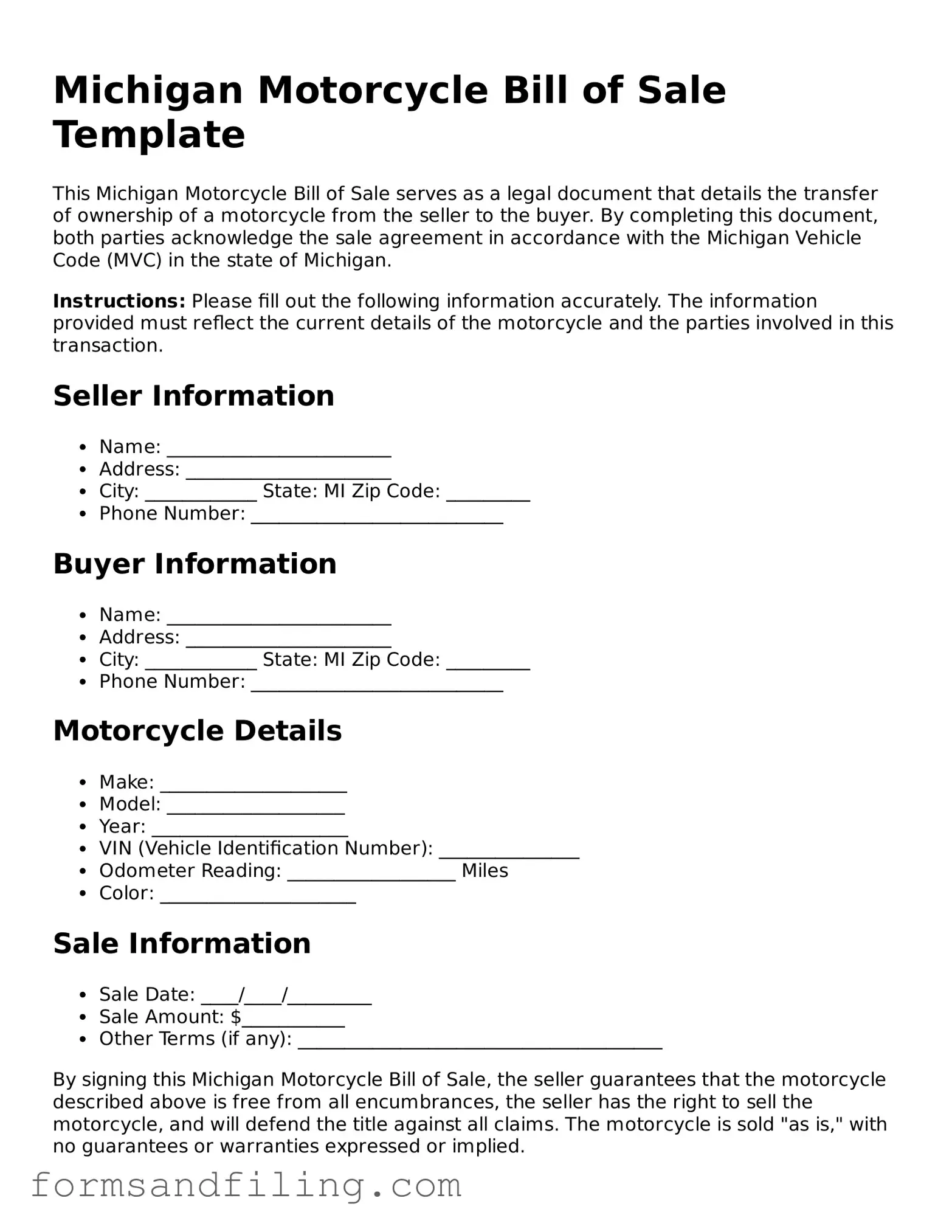 Free Michigan Motorcycle Bill of Sale Template