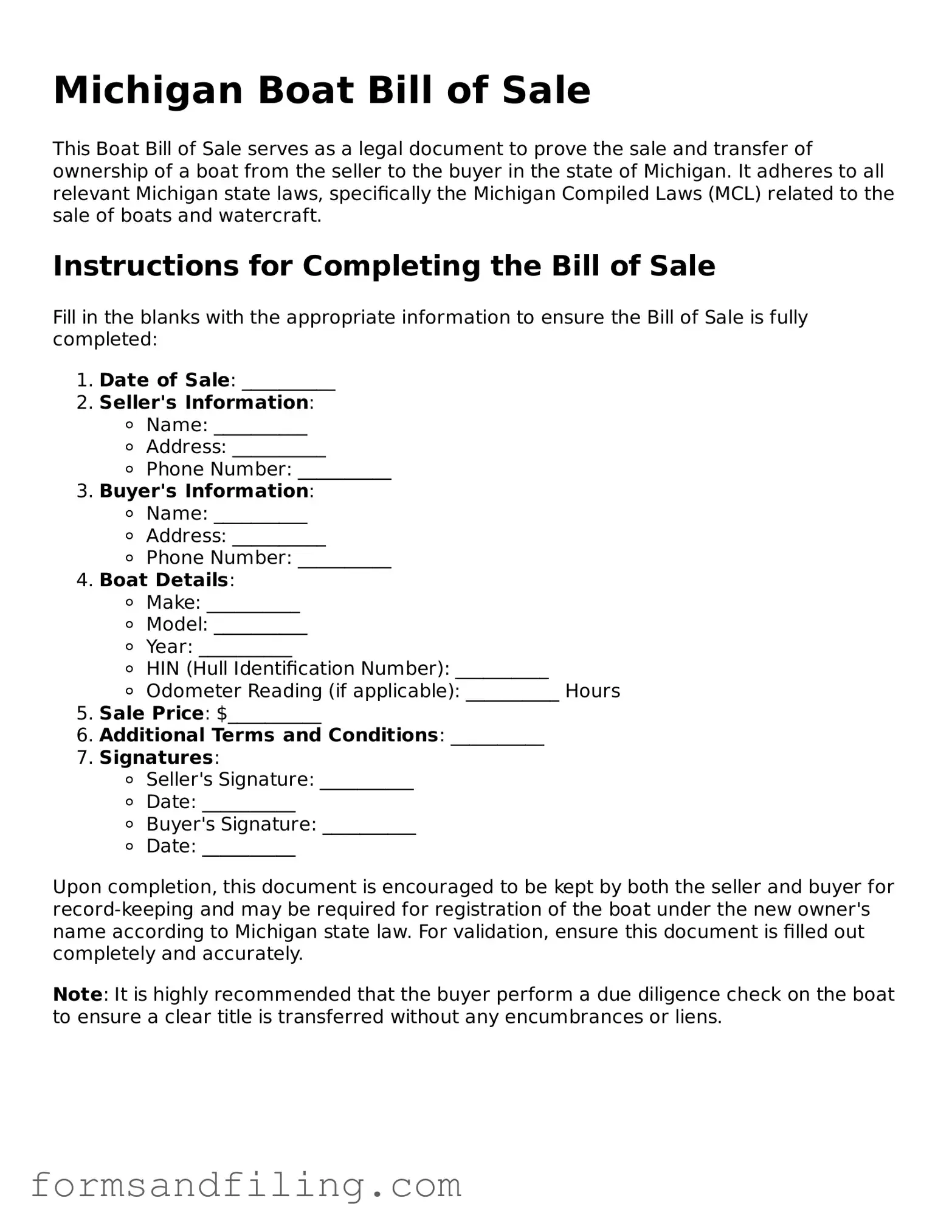 Free Michigan Boat Bill of Sale Template
