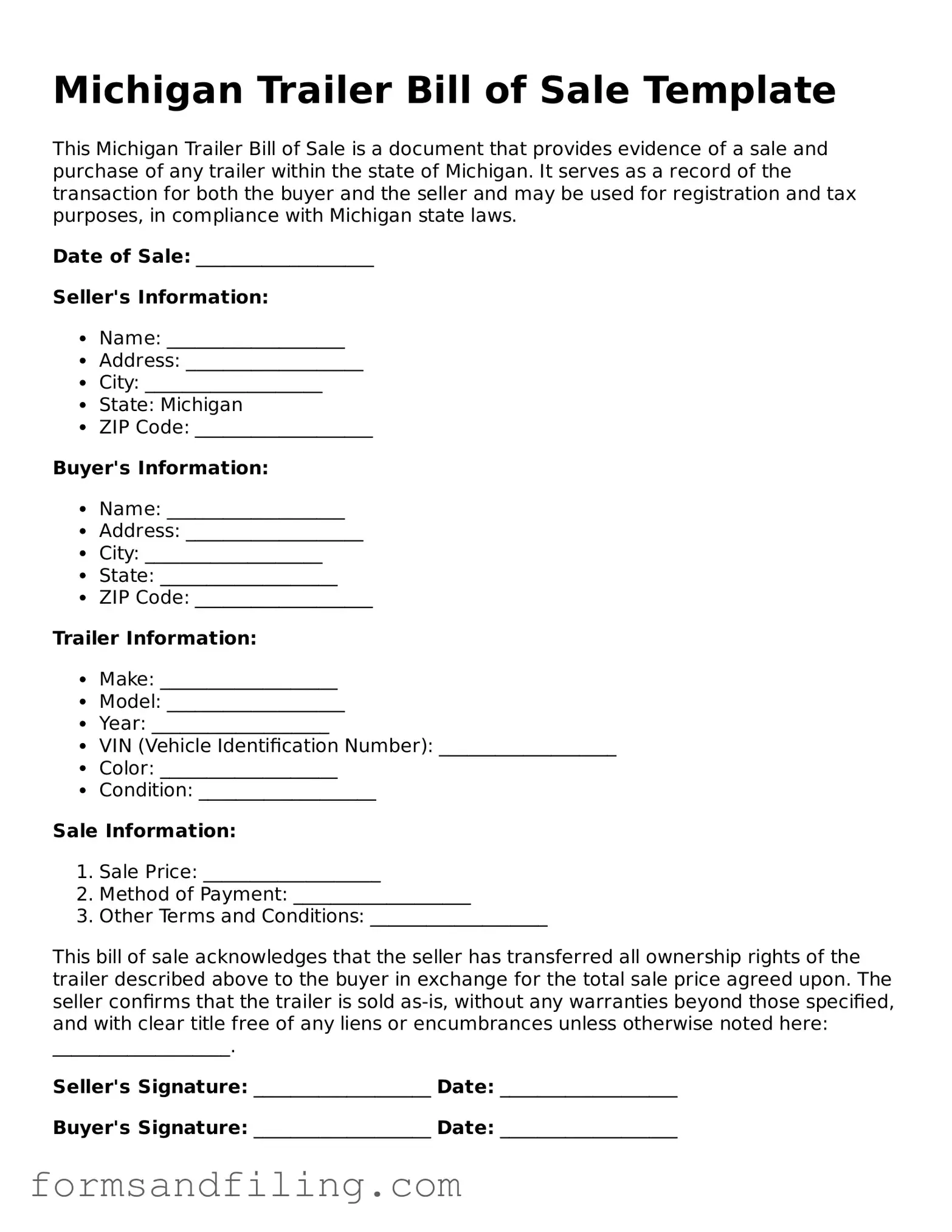 Free Michigan Trailer Bill of Sale Template